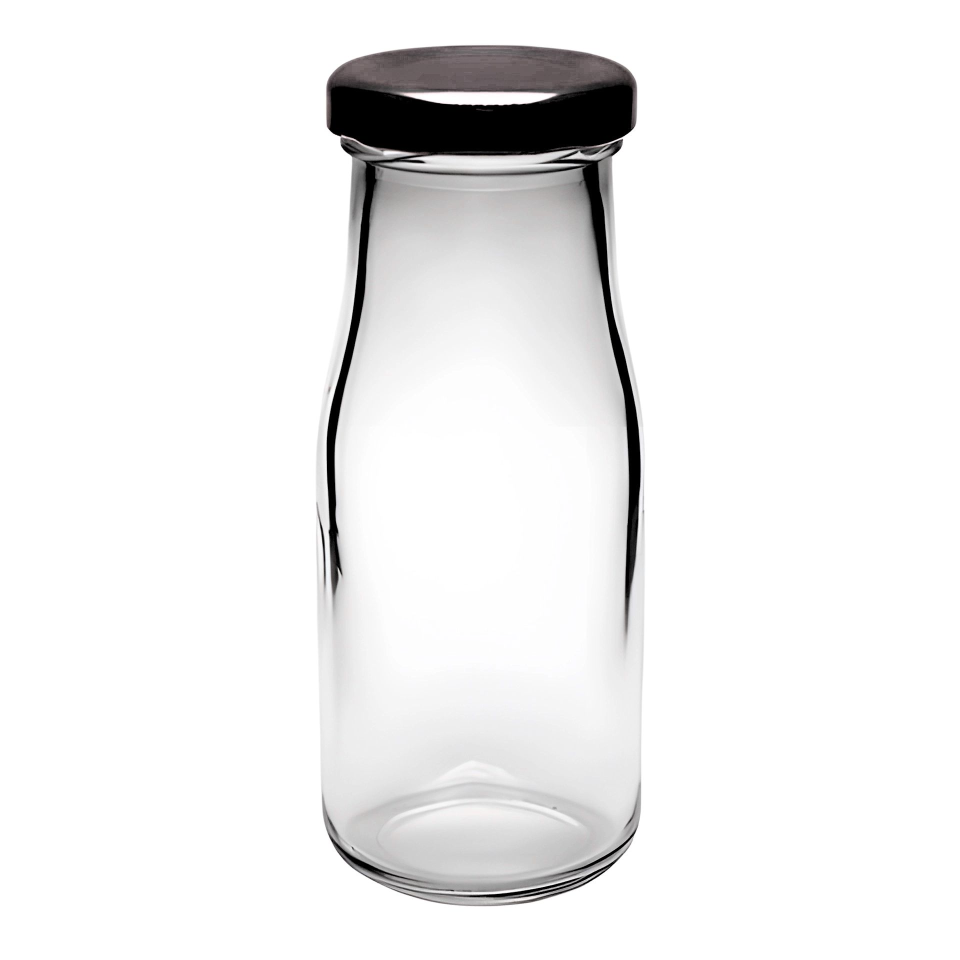 Klare Glasflasche mit 156 ml Fassungsvermögen in Milchflaschenform, schwarzer Schraubverschluss, stehend vor weißem Hintergrund.