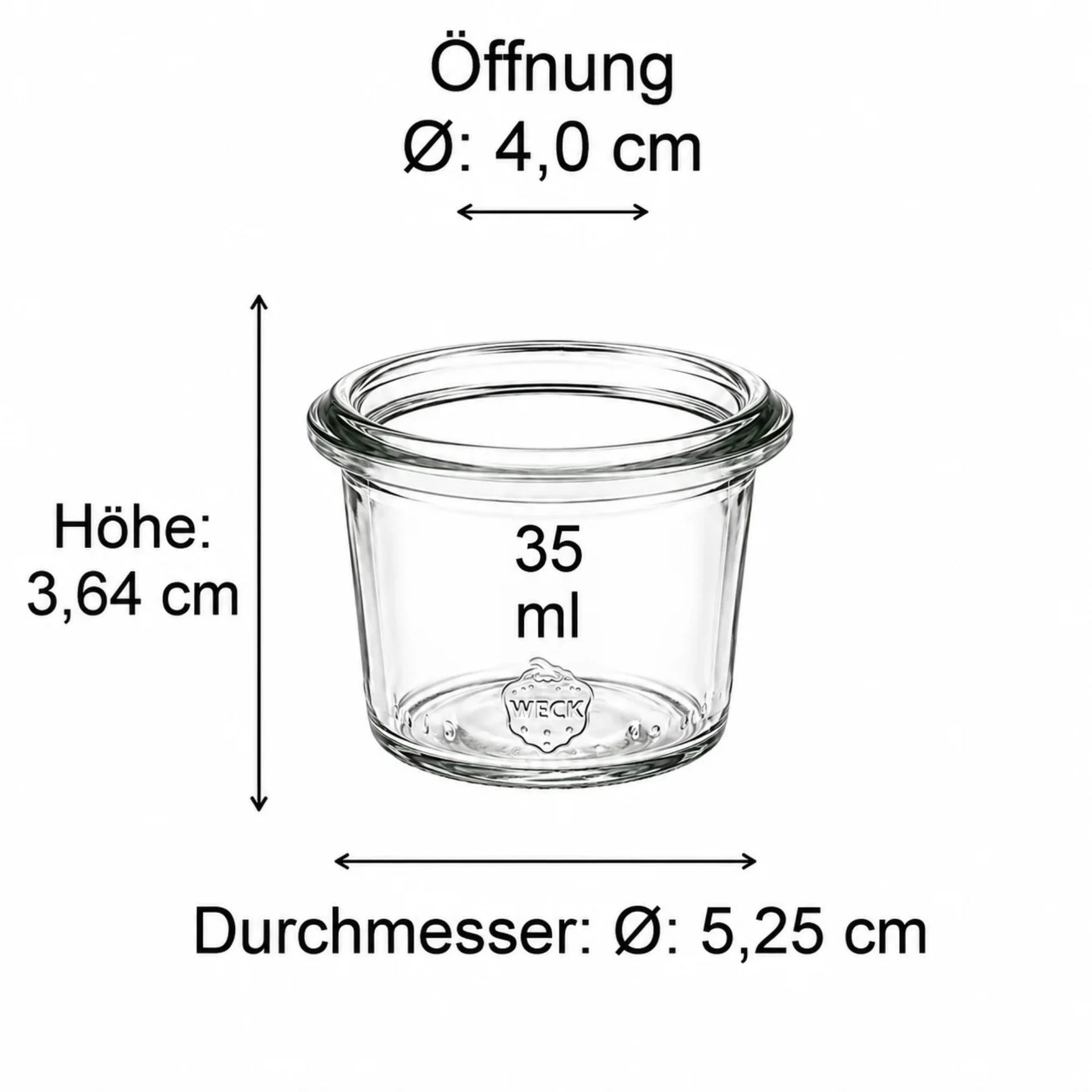 Weck 35 ml Einmachglas mit Deckel - Ideal zum Einkochen und Konservieren, auf einem weißen Hintergrund abgebildet