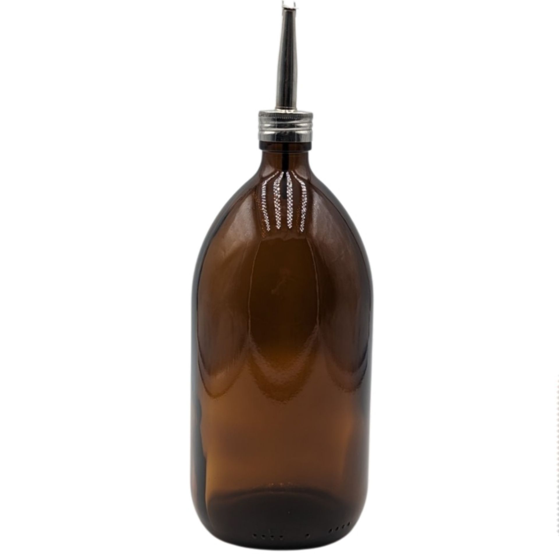 Transparente 1-Liter-Glasflasche mit Schraubverschluss; zylindrische Form, leicht nach oben verjüngt, auf weißem Hintergrund.
