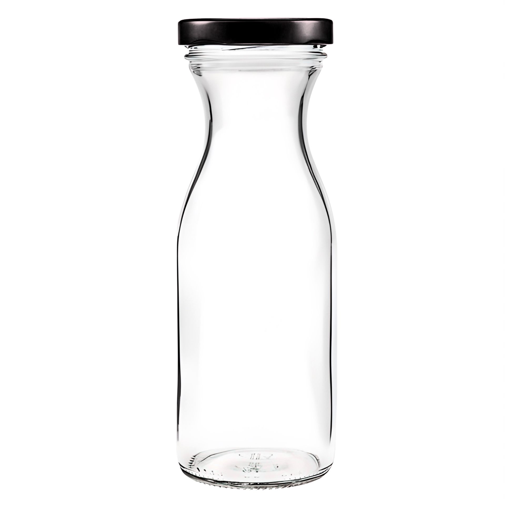 250-ml-Glasflasche mit schwarzem Schraubverschluss, stehend vor neutralem Hintergrund, geeignet für Säfte und andere Getränke.