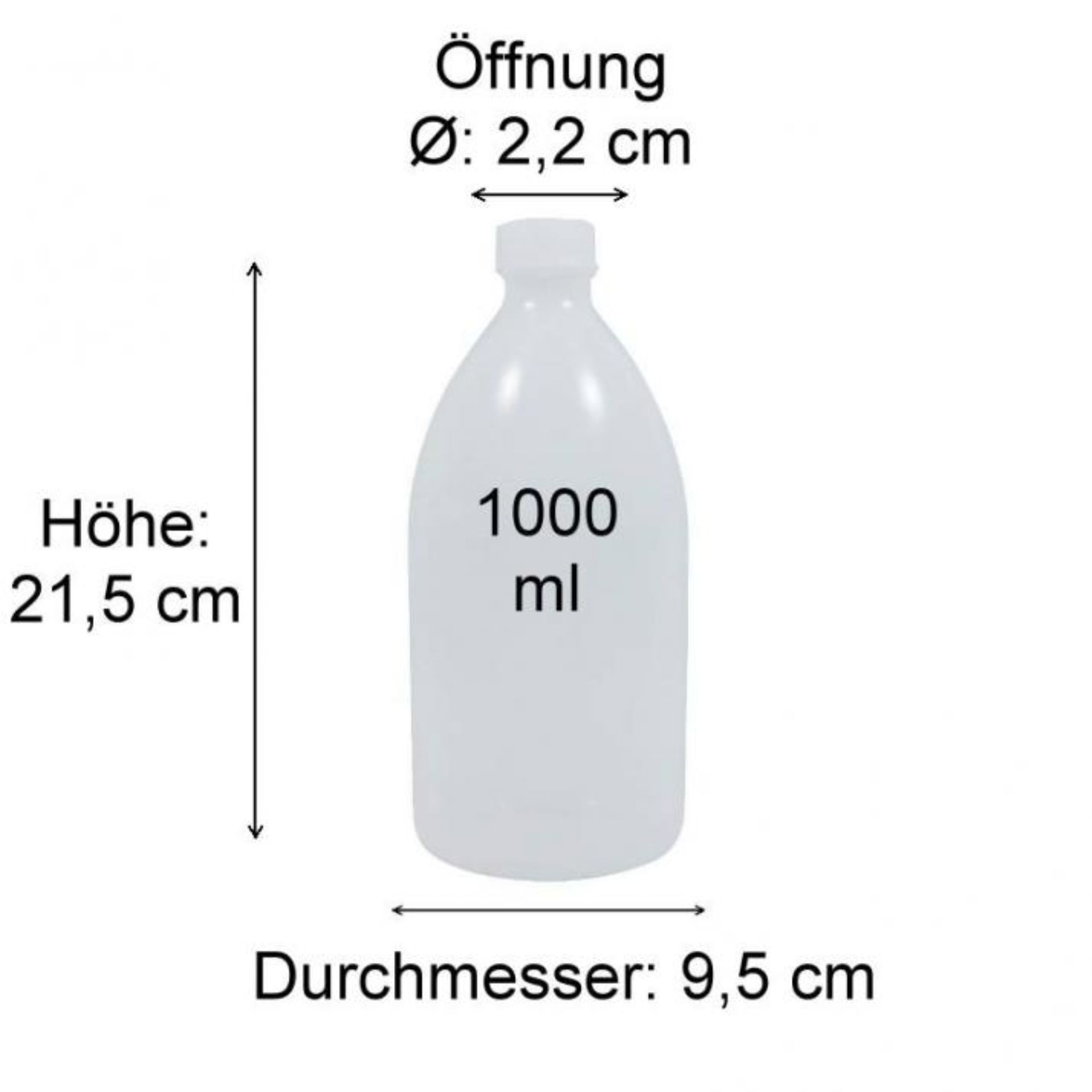 Produktabbildung einer VI9100KH1000 Glasflasche mit detaillierten Maßen und technischen Spezifikationen auf einem weißen Hintergrund.