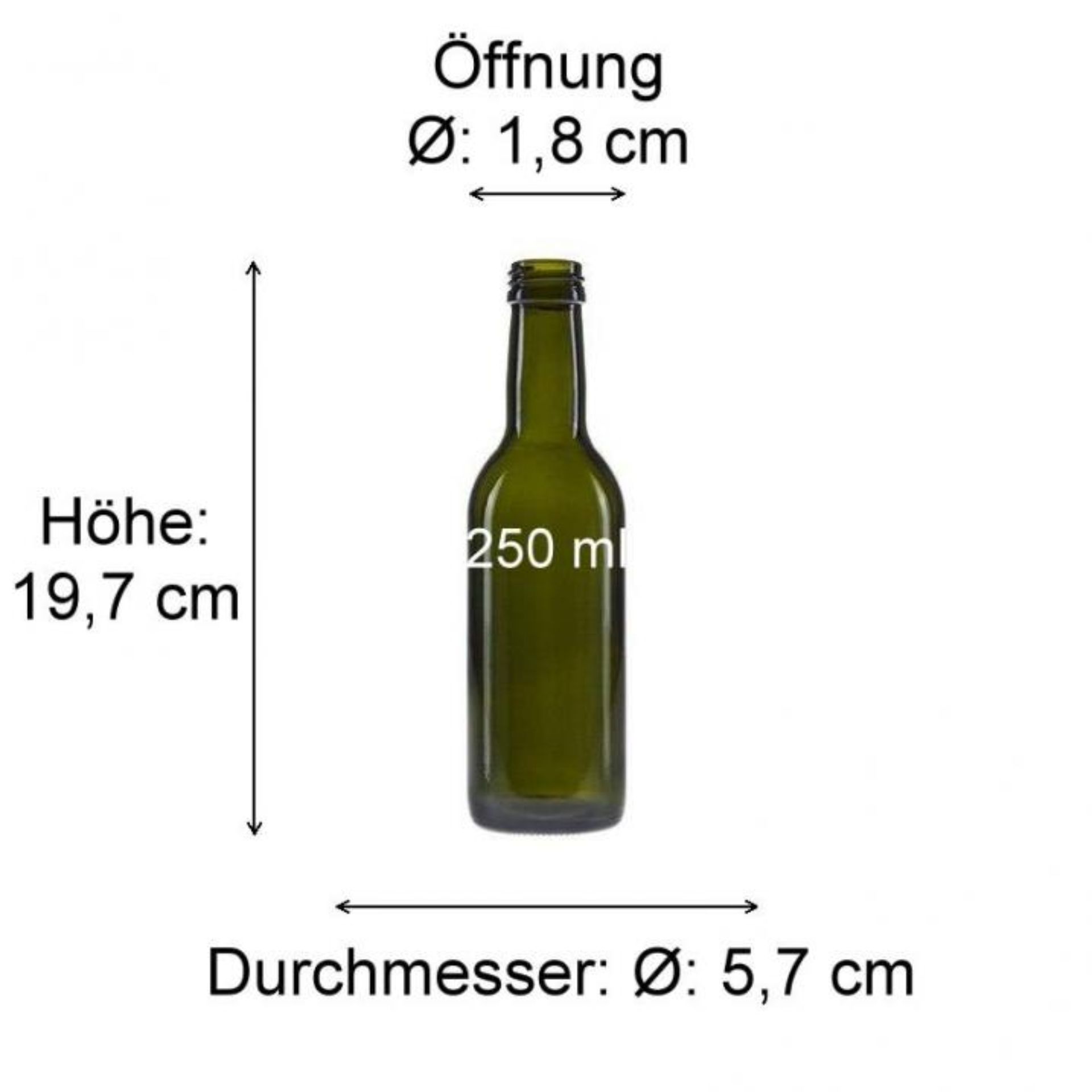 Grünes 250 ml Glasfläschchen – Produktbild mit Fokus auf Design und Größe für die Verpackung von Flüssigkeiten, sauber und umweltfreundlich.