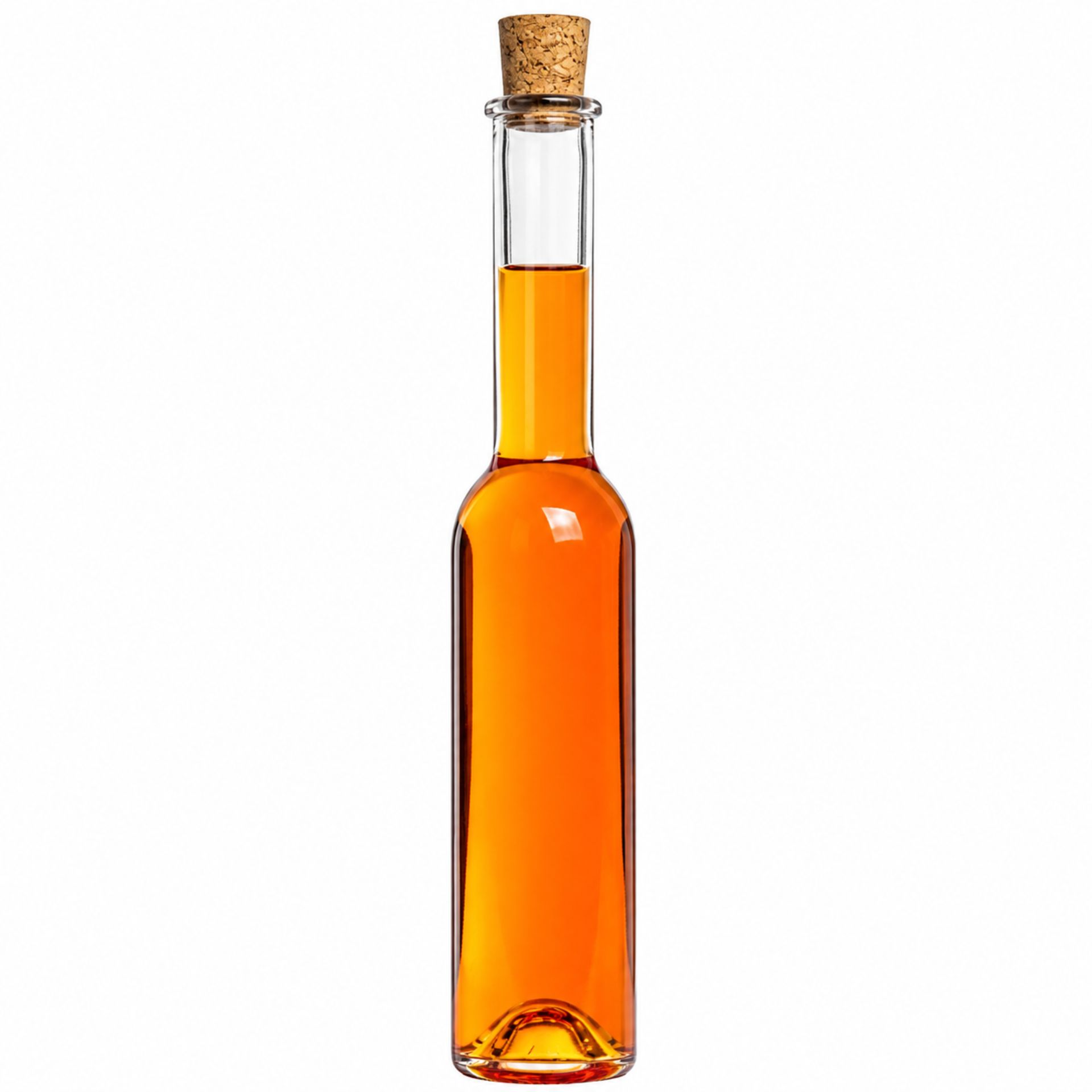 Foto einer leeren Glasflasche mit einem Fassungsvermögen von 200 ml, ausgestattet mit einem langen Hals und einem Korkenverschluss, ideal für Flüssigkeiten oder dekorative Zwecke.