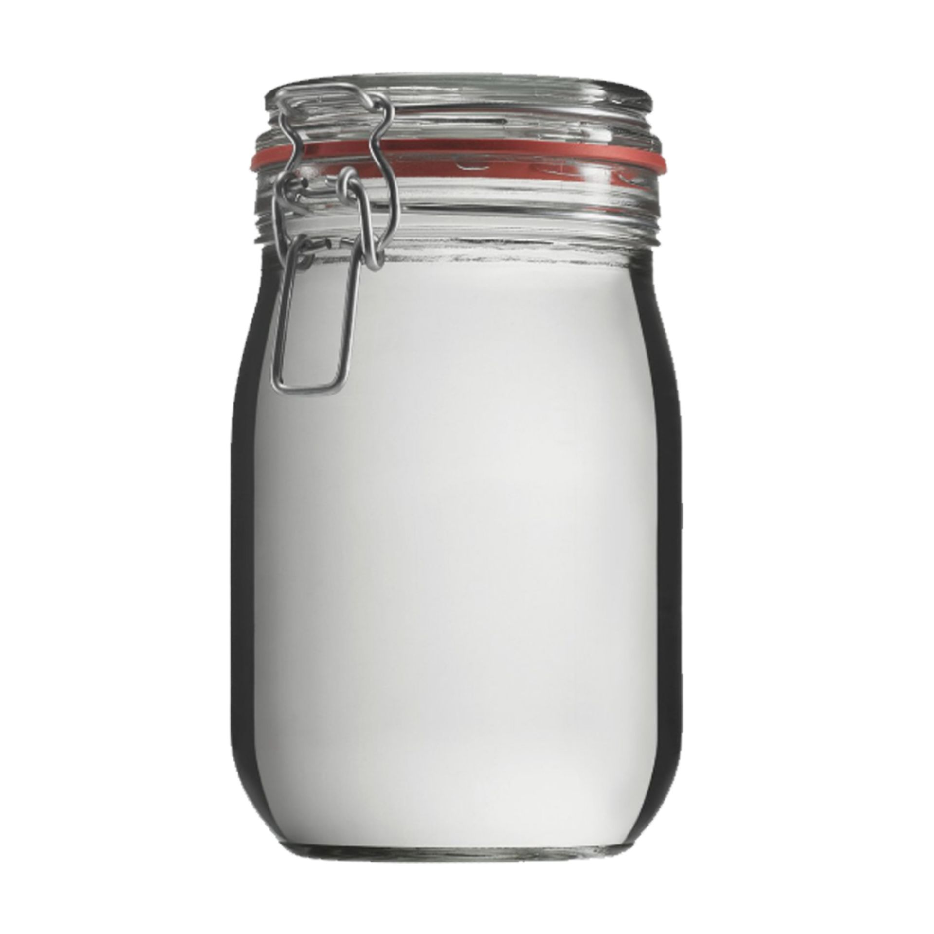 Ein leeres Bügelverschlussglas mit einem Fassungsvermögen von 1140 ml, stehend auf weißem Hintergrund; das klare Glas hat eine bauchige Form mit weitem Hals und ist mit einem Metallbügel sowie einem weißen Keramikdeckel mit rotem Gummiring verschlossen.