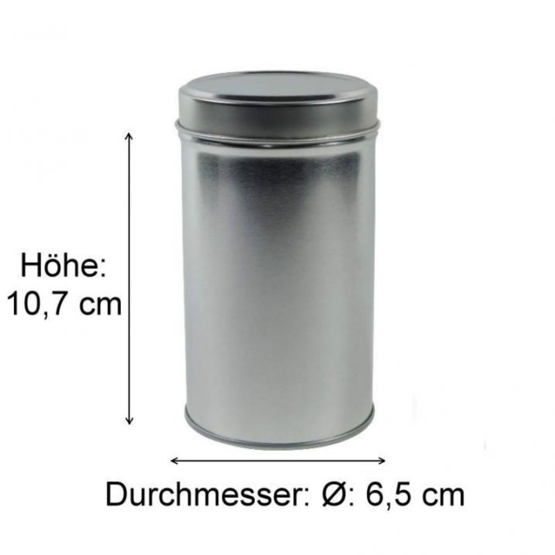 Abbildung eines silbernen Getränkedosen-Designs mit drei Ansichtsdarstellungen, einschließlich Höhen- und Durchmessermaßen. Perfekt zur Veranschaulichung von Verpackungsdetails für den Online-Shop von Flaschen, Gläsern und Dosen.