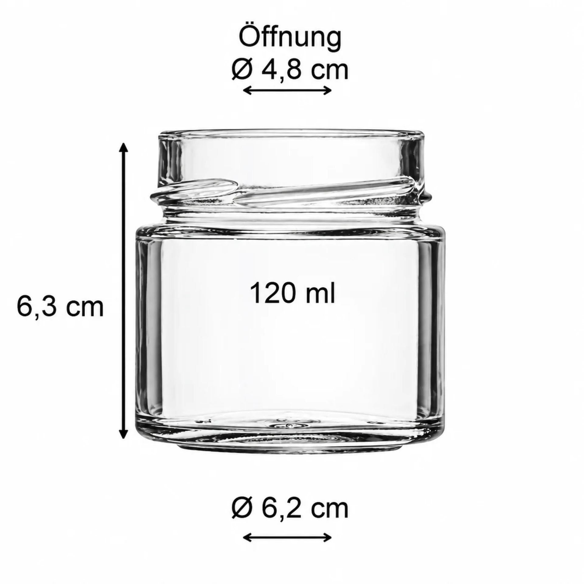 Ein leeres, transparentes Einmachglas aus Glas mit einem Fassungsvermögen von 120 ml, ausgestattet mit einem aufgelegten, silberfarbenen Schraubdeckel; das Glas steht aufrecht vor neutralem, hellgrauem Hintergrund.