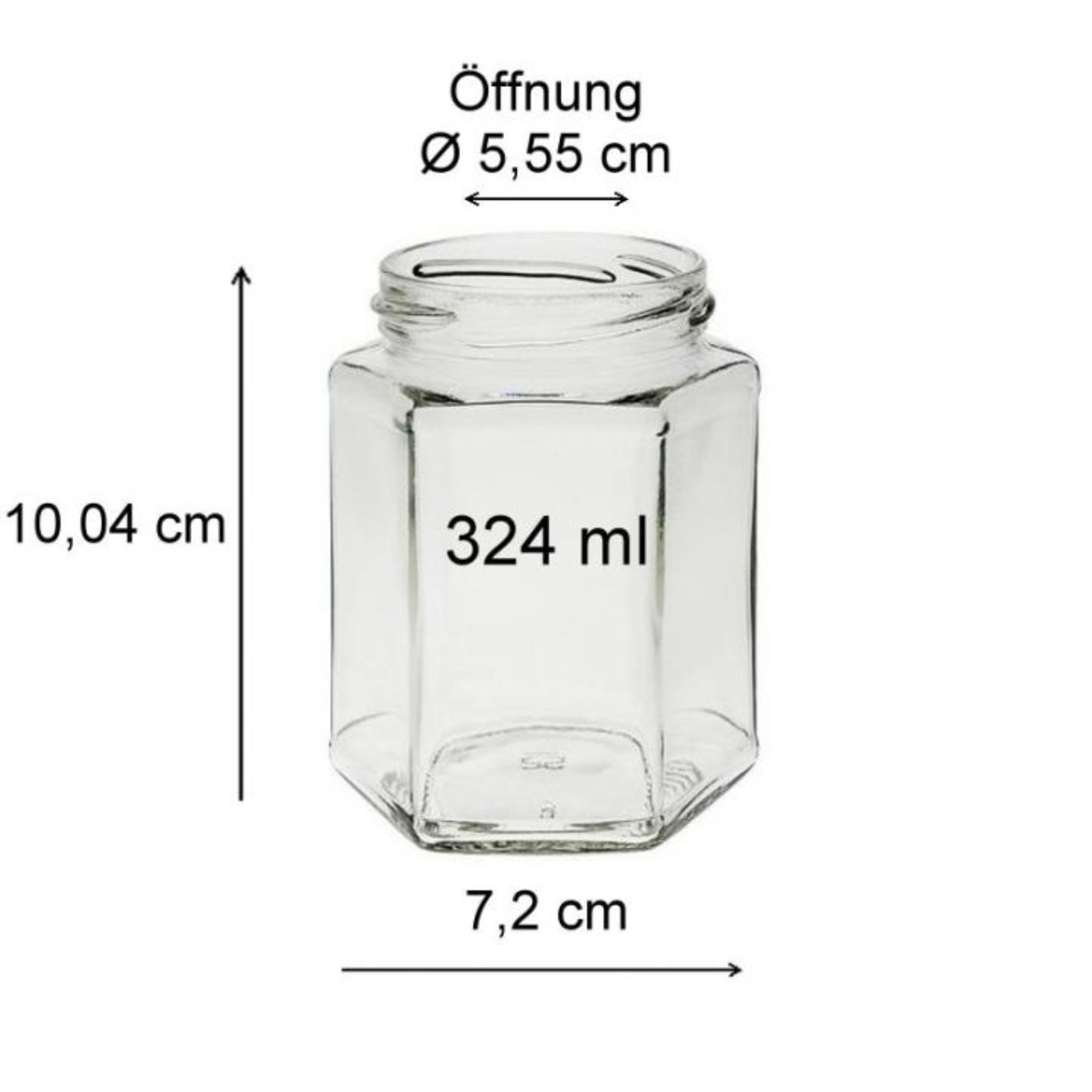 Ein sechseckiges Einmachglas mit einem Fassungsvermögen von 324 ml, ausgestattet mit einem goldfarbenen Schraubdeckel, auf einem neutralen Hintergrund platziert. Ideal für die Aufbewahrung von Marmeladen, Konfitüren oder anderen eingeweckten Lebensmitteln