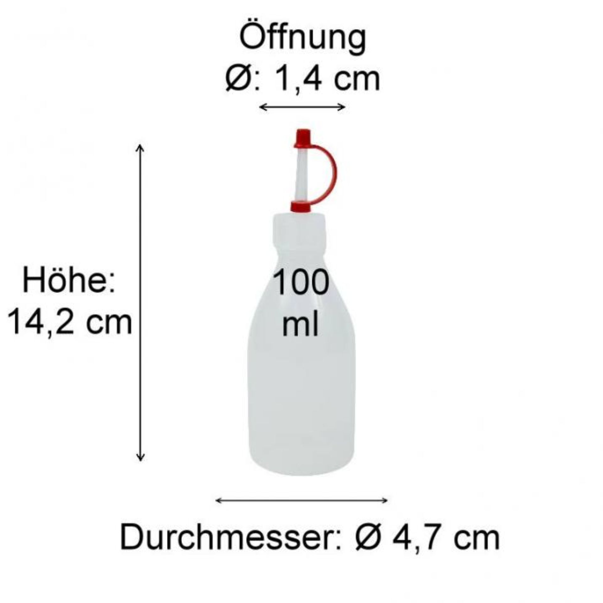 Maßzeichnung einer transparenten Glasflasche mit Schraubverschluss, ideal für Getränkeabfüllung.