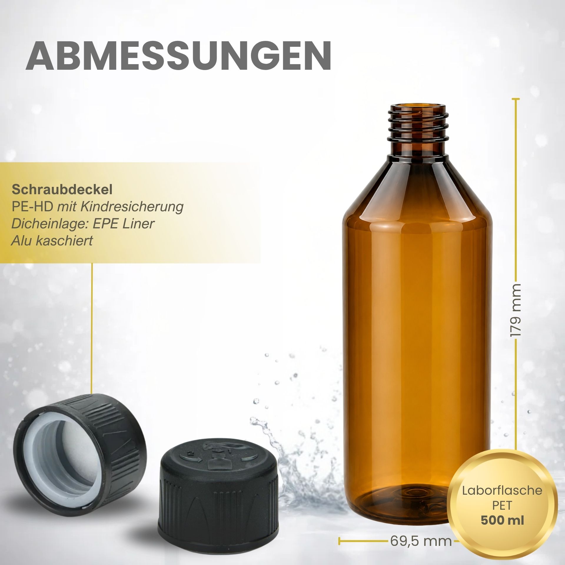 Laborflasche  500 ml braun PET Kunststoff (Kindersicherung)