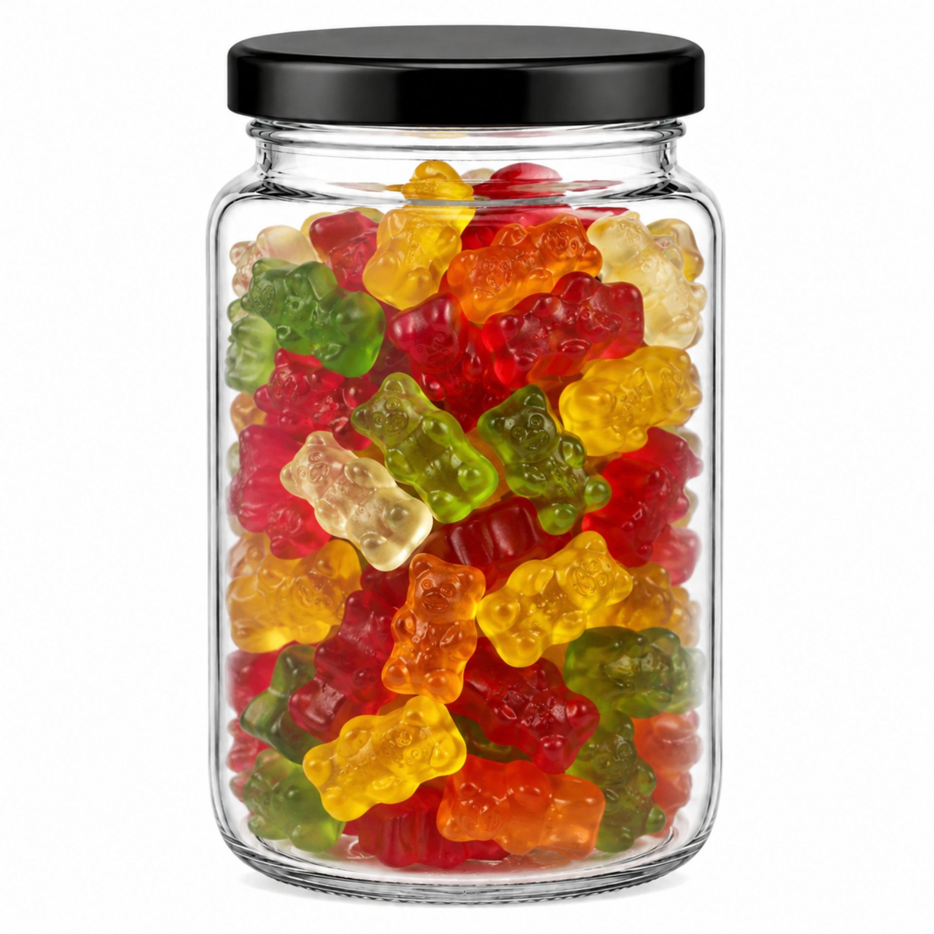 Großes, transparentes Einmachglas mit 1700 ml Fassungsvermögen, befüllt mit Gewürzgurken; das Glas hat einen goldfarbenen Schraubdeckel und steht aufrecht vor weißem Hintergrund.