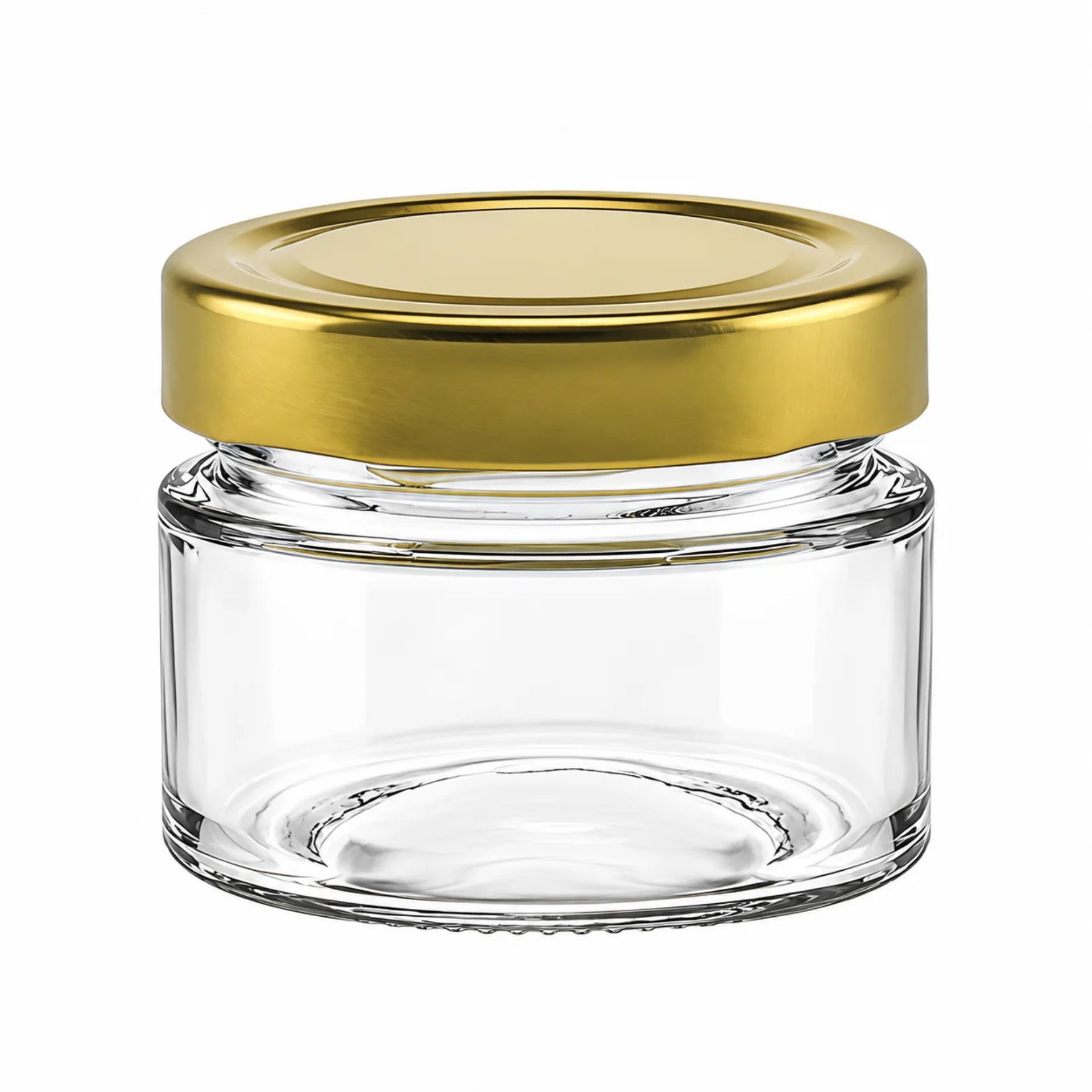 Einmachglas 130 ml, rund, mit goldenem Deckel, ideal zum Einmachen und Aufbewahren, hochwertiges Glasgefäß für vielseitige Anwendungen.