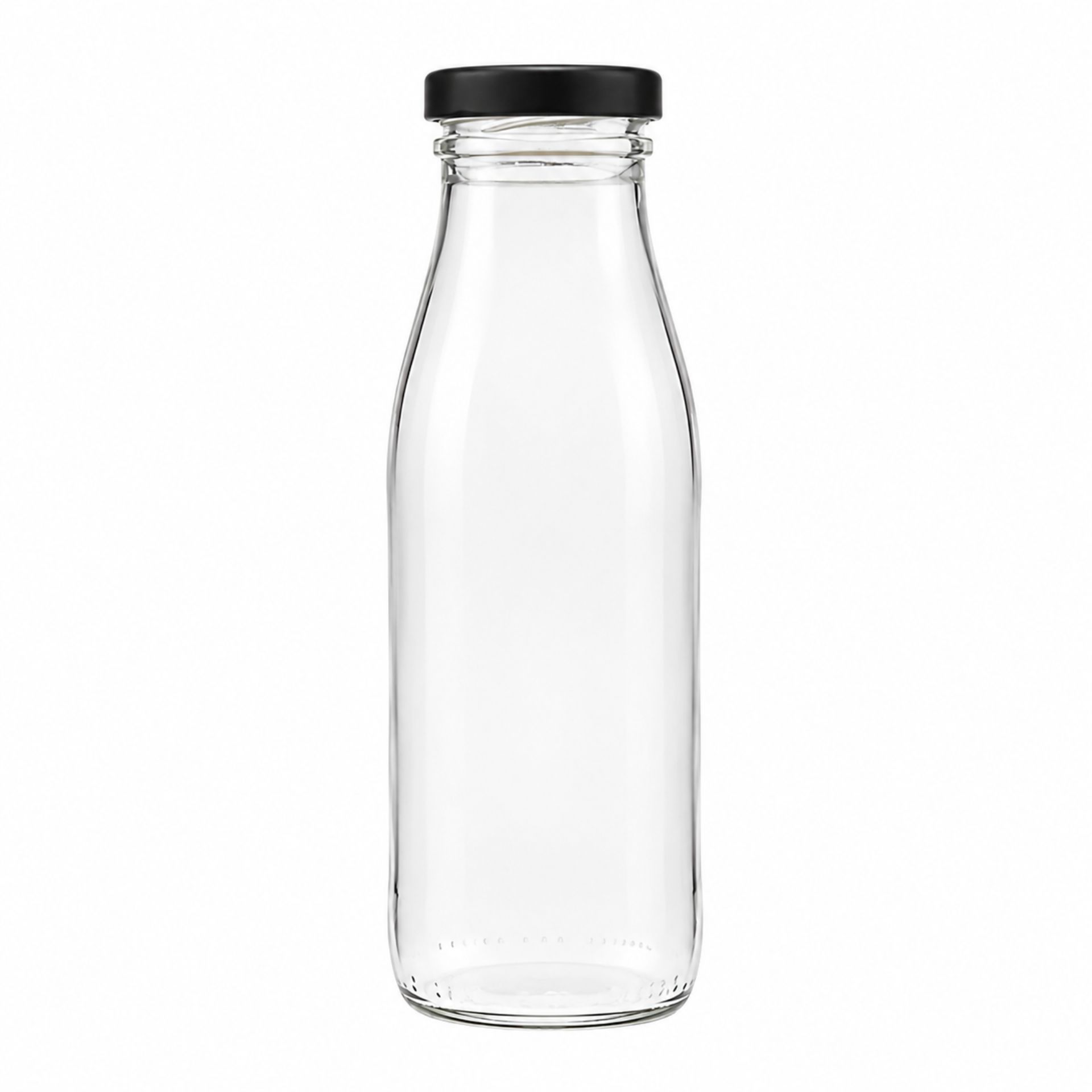 Ein schwarzes Einmachglas mit Schraubdeckel, aus Glas gefertigt, in zylindrischer Form, auf weißem Hintergrund stehend.