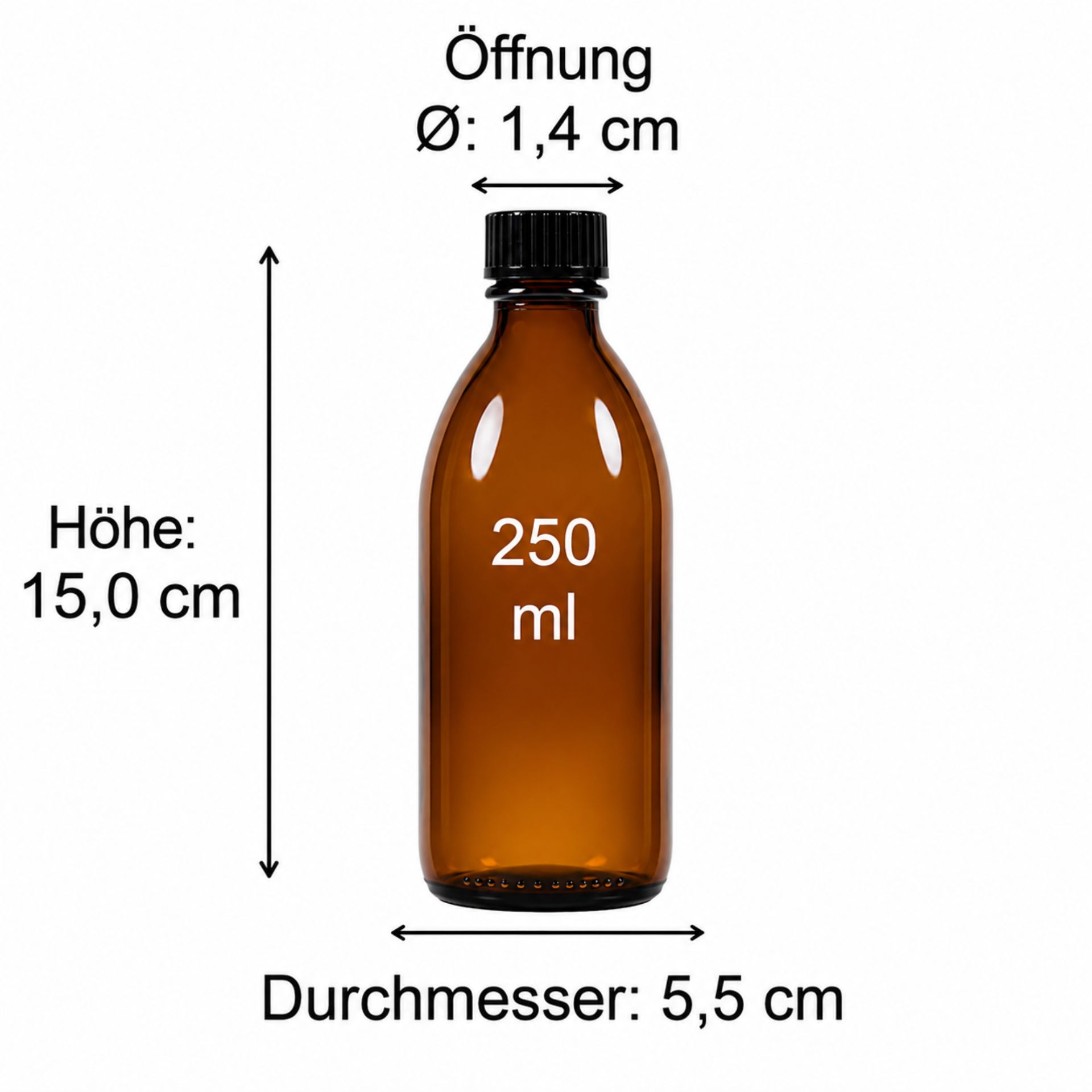 Produktfoto einer rechteckigen Glaskaraffe mit einem Volumen von 250 ml, klartransparent und mit präzisen Maßangaben für spezielle Anwendungen. Ideal für Getränke oder dekorative Zwecke. Hochwertiges Design.