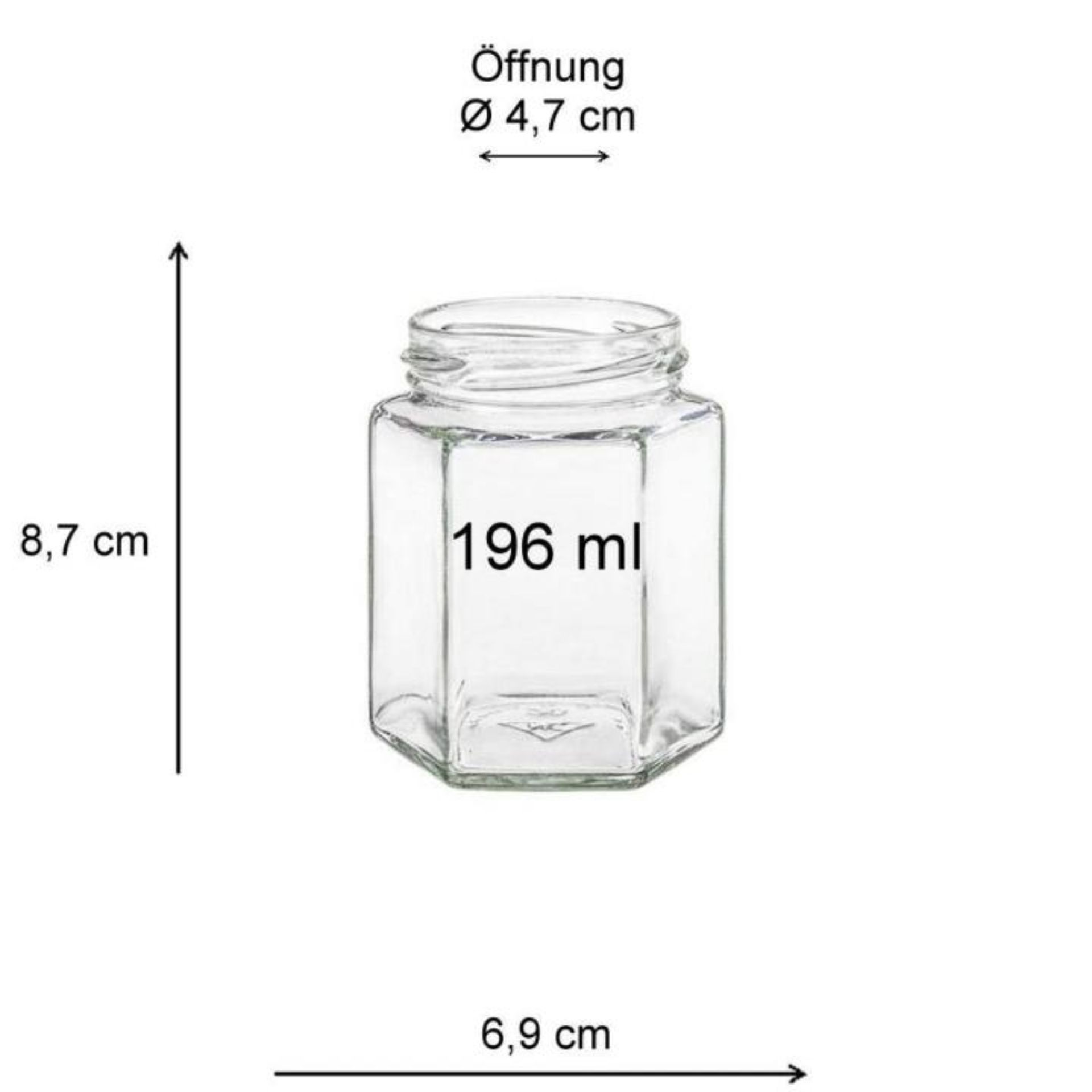 Ein Sechseck-Einmachglas mit einem Fassungsvermögen von 196 ml, erhältlich mit einem Deckel in Gold oder Silber, ideal zur Aufbewahrung von Marmeladen, Honig oder Gewürzen.