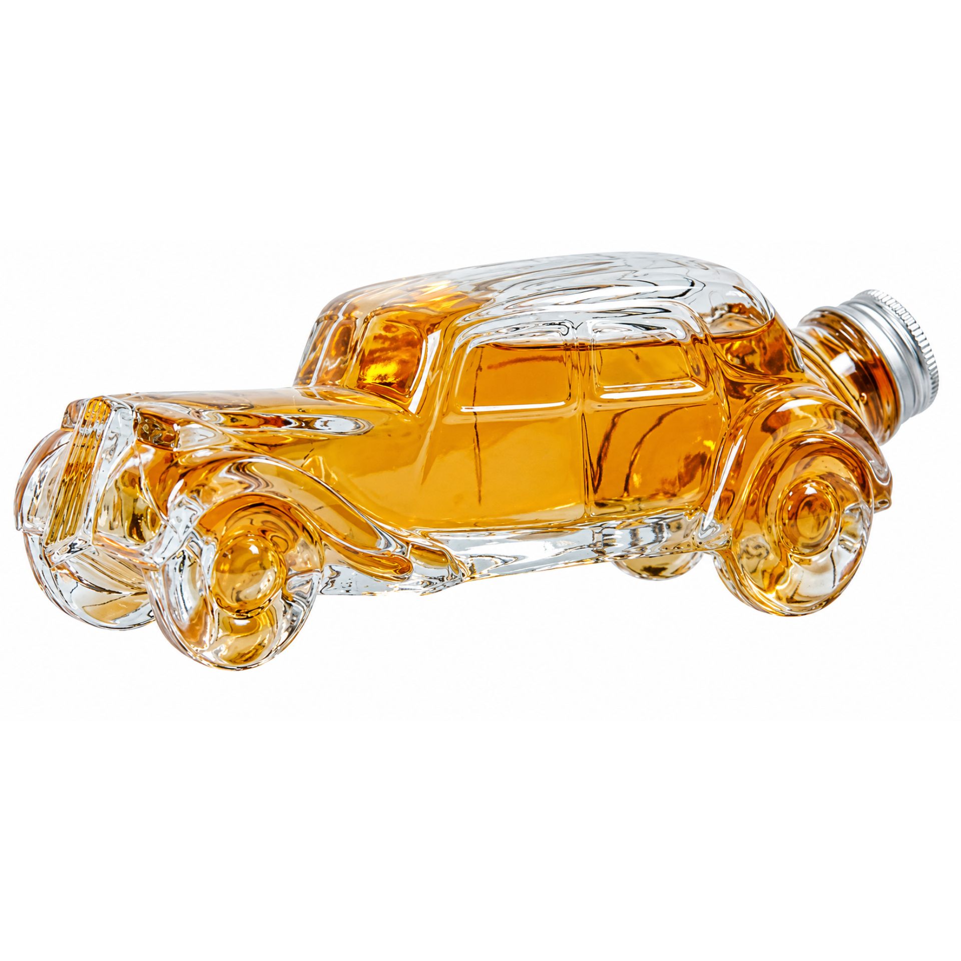 Klare Glasflasche mit 200 ml Fassungsvermögen in nostalgischem „Oldtimer“-Design, verschlossen mit einem silberfarbenen Metalldeckel, stehend vor neutralem Hintergrund.
