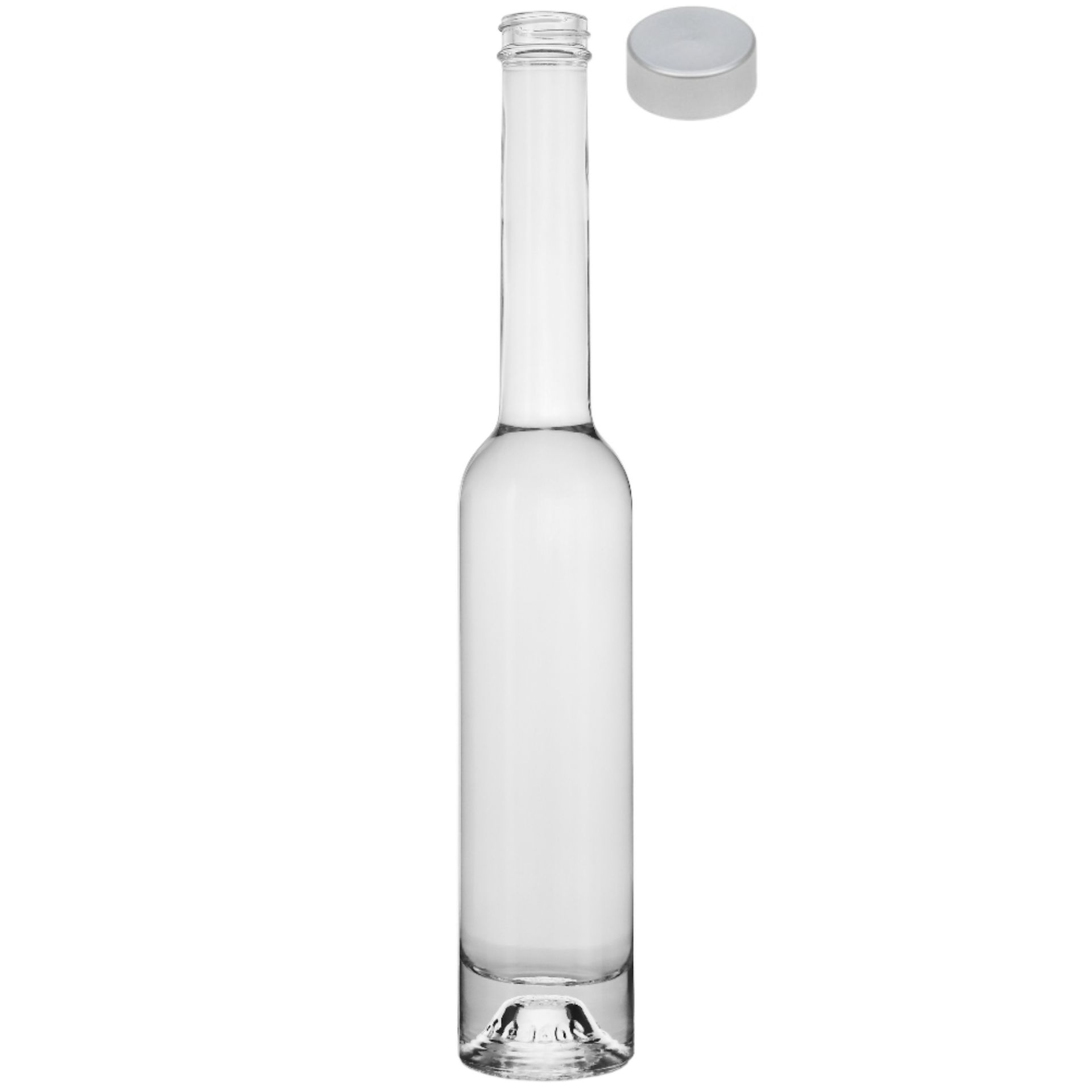 200-ml-Glasflasche mit langem Hals und silberfarbenem Schraubdeckel auf weißem Hintergrund.