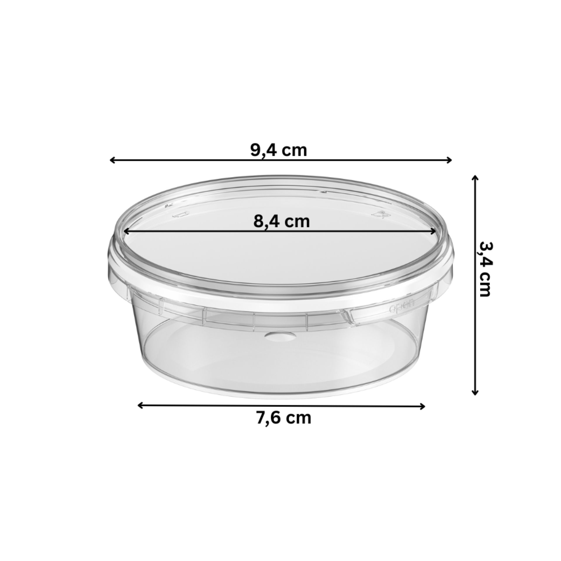 Transparente, zylindrische Kunststoffdose mit passendem Deckel, Fassungsvermögen 130 ml, auf neutralem Hintergrund.