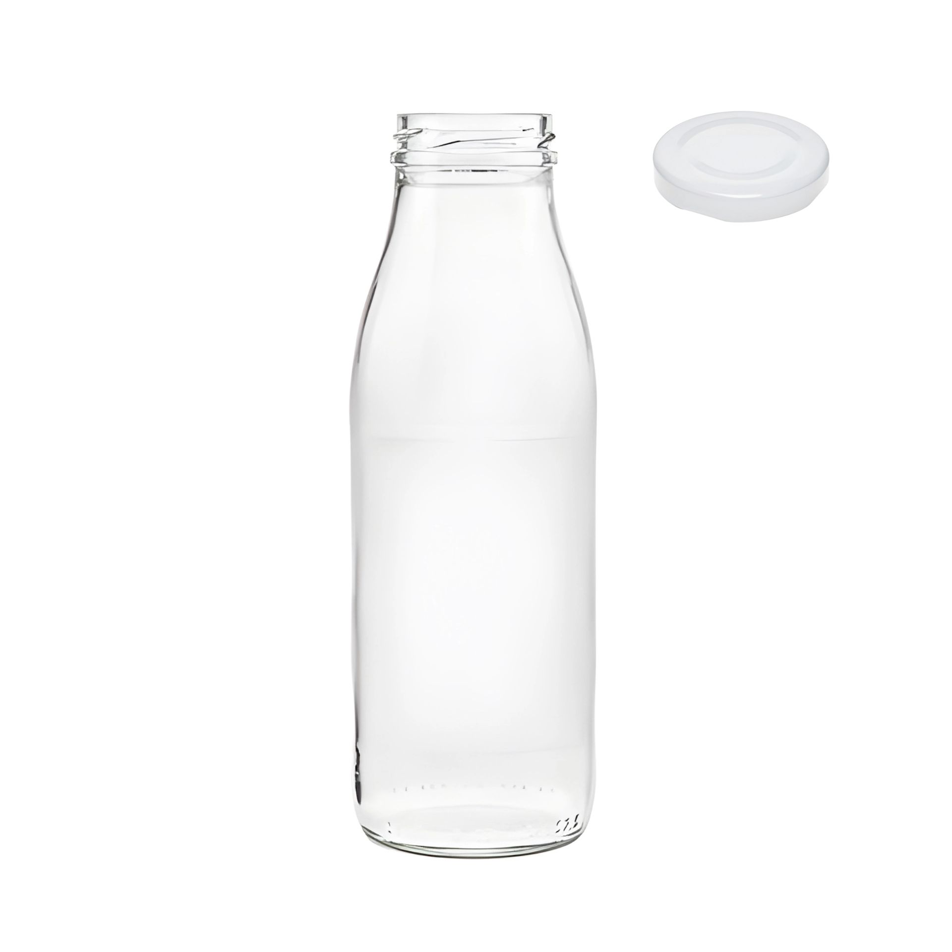 Klare 500-ml-Glasflasche mit abgerundetem Schulterdesign, gefüllt mit weißer Flüssigkeit auf einem weißen Untergrund; daneben drei verschiedene Deckel in Gold, Silber und Schwarz zur Auswahl.