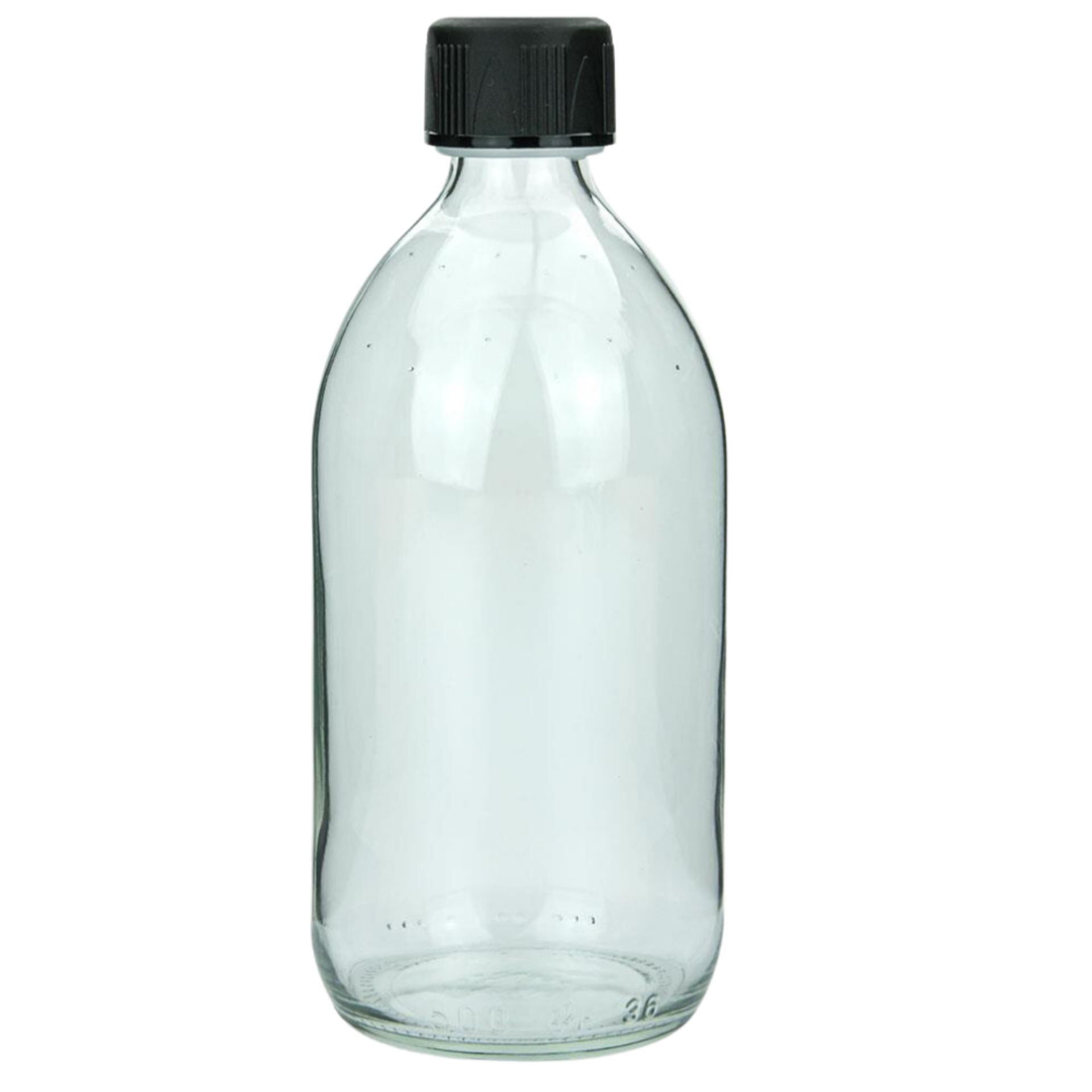 Klare 500-ml-Sirupflasche aus Glas mit kindersicherem weißen Schraubverschluss, stehend vor neutralem Hintergrund.
