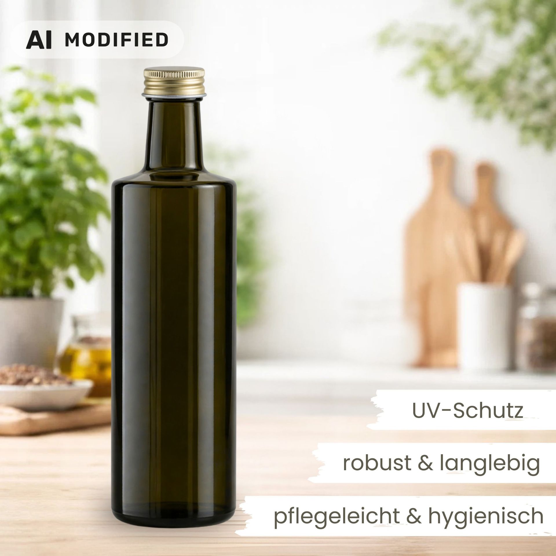 Glasflasche 500 ml rund braun Ölflasche Deckel Gold