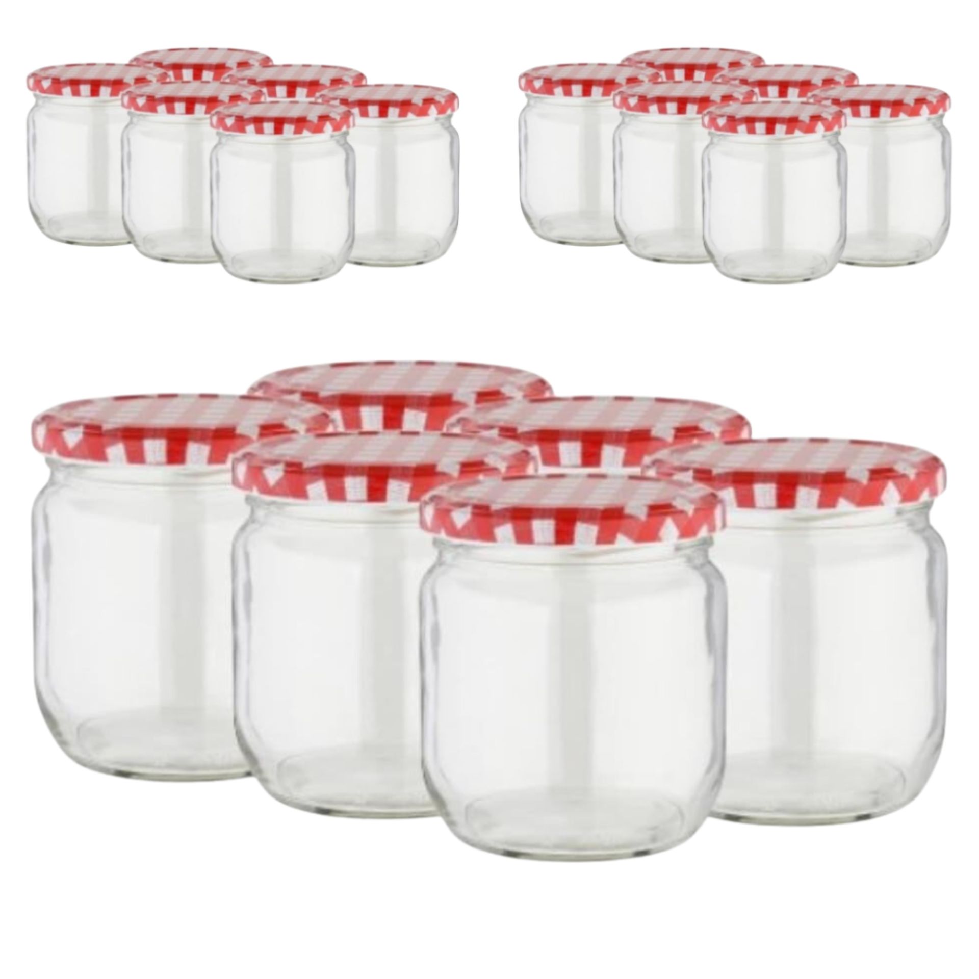 18-teiliges Set aus 425-ml-Einmachgläsern mit silbernen Schraubdeckeln, beschriftbaren Anhängern und Juteband, sauber auf weißem Hintergrund arrangiert.