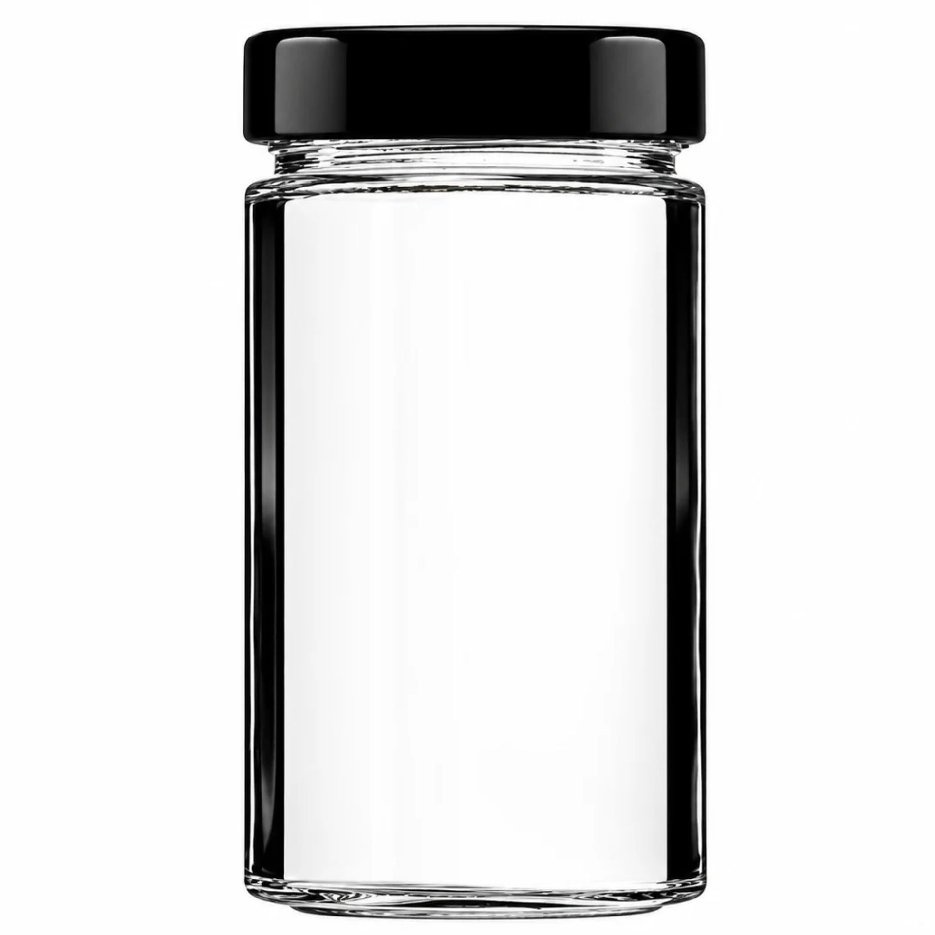 Ein leeres, zylinderförmiges Einmachglas aus klarem Glas mit schwarzem Schraubdeckel, Fassungsvermögen 720 ml, stehend vor weißem Hintergrund.
