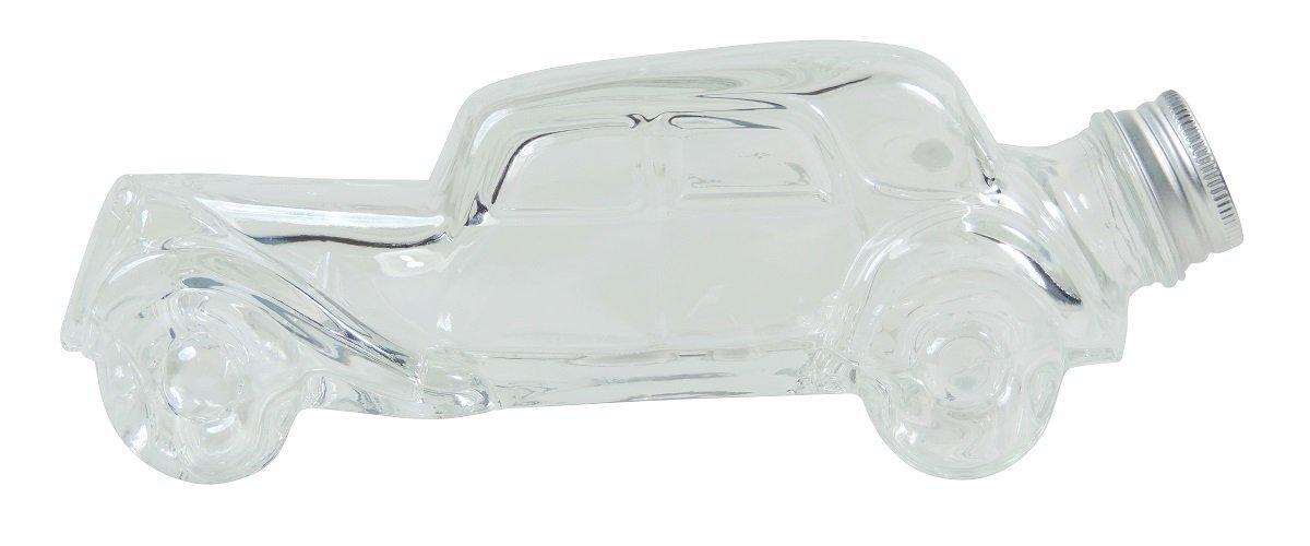 Klare Glasflasche mit 200 ml Fassungsvermögen im Oldtimer-Design, zylindrische Form mit kurzem Hals und silberfarbenem Schraubdeckel, auf weißem Hintergrund.