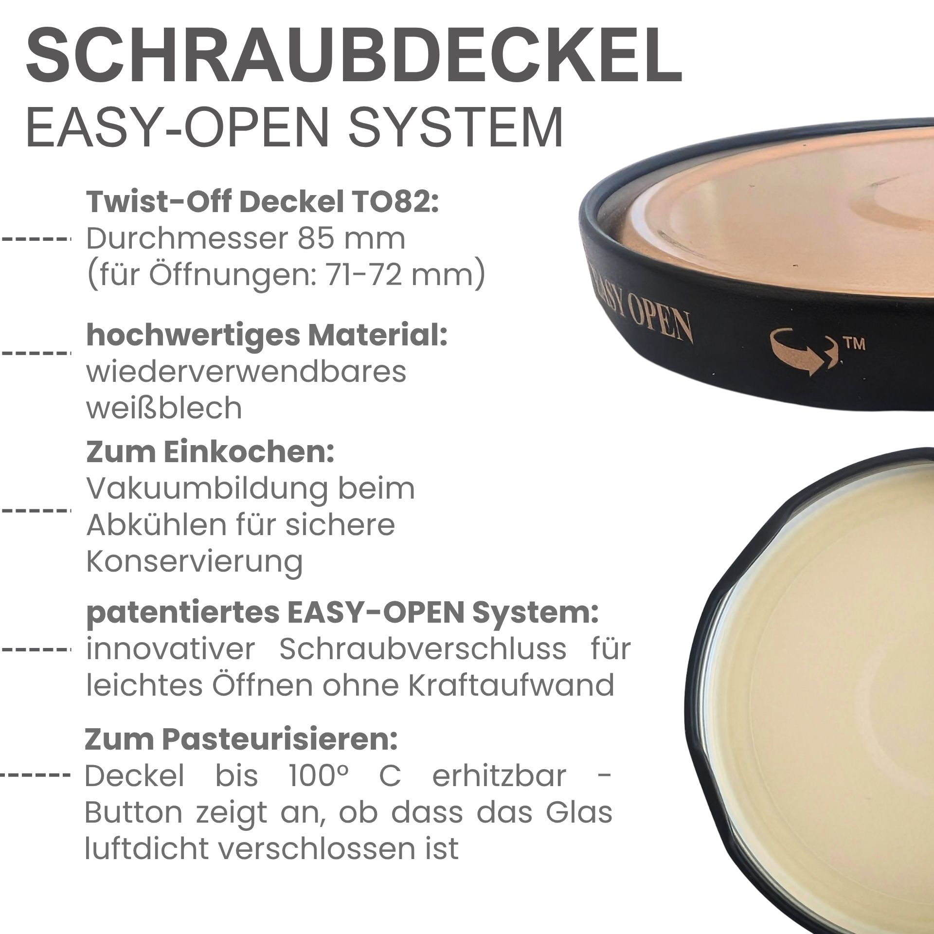Twist-Off Deckel  TO 82 / 8,5 cm EASY-OPEN Schwarz / Gold pasteurisierbar
