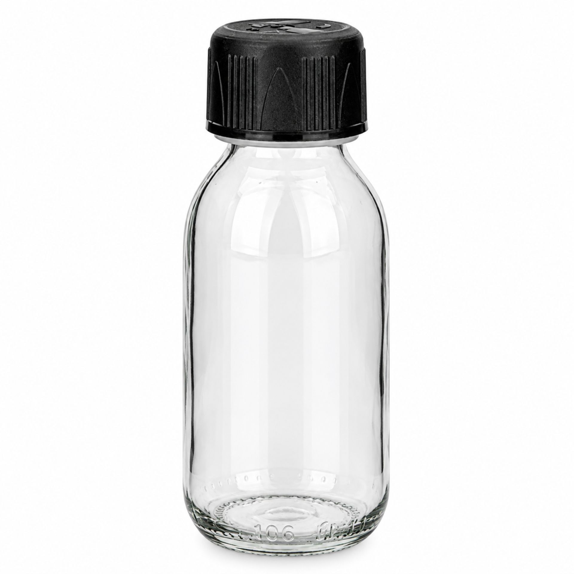 Klare 100-ml-Sirupflasche aus Glas mit kindersicherem Schraubverschluss, stehend vor weißem Hintergrund.