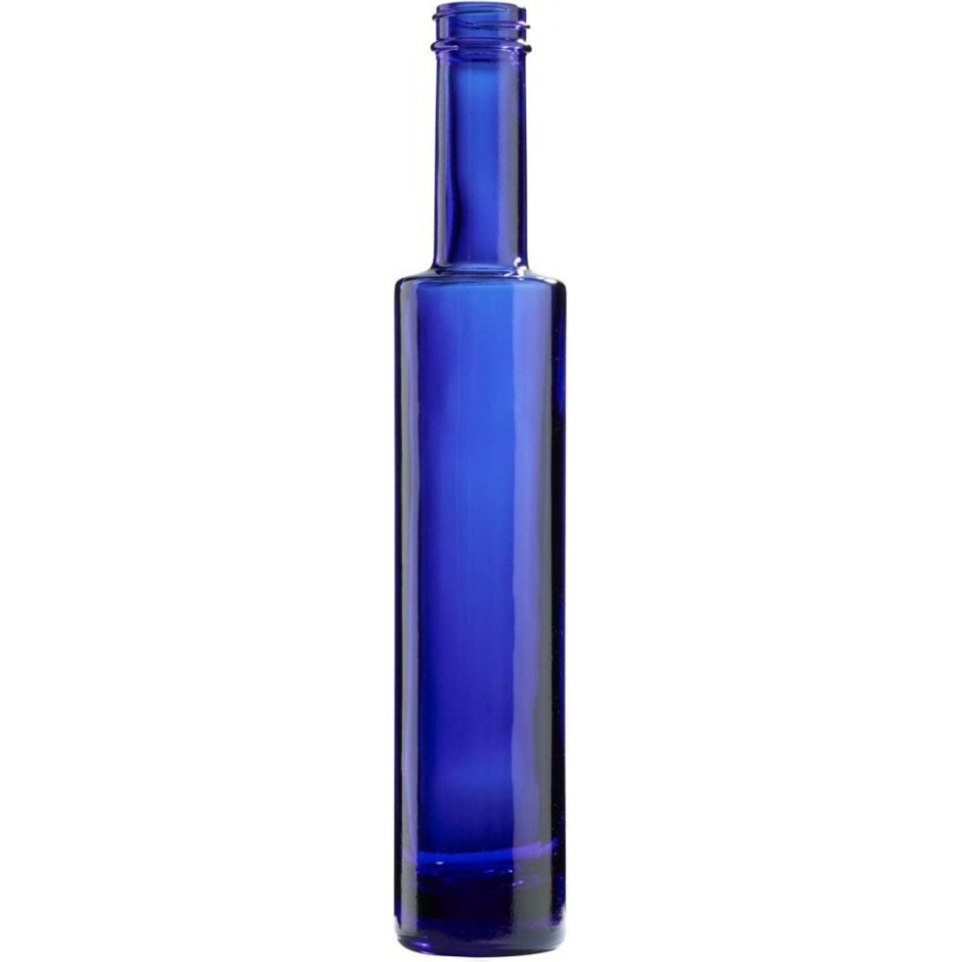 Leere Glasflasche 330ml mit Kronkorken im Detailansicht Leere, transparente Glasflasche mit langem Hals und Schraubgewinde, stehend vor neutralem, weißem Hintergrund.