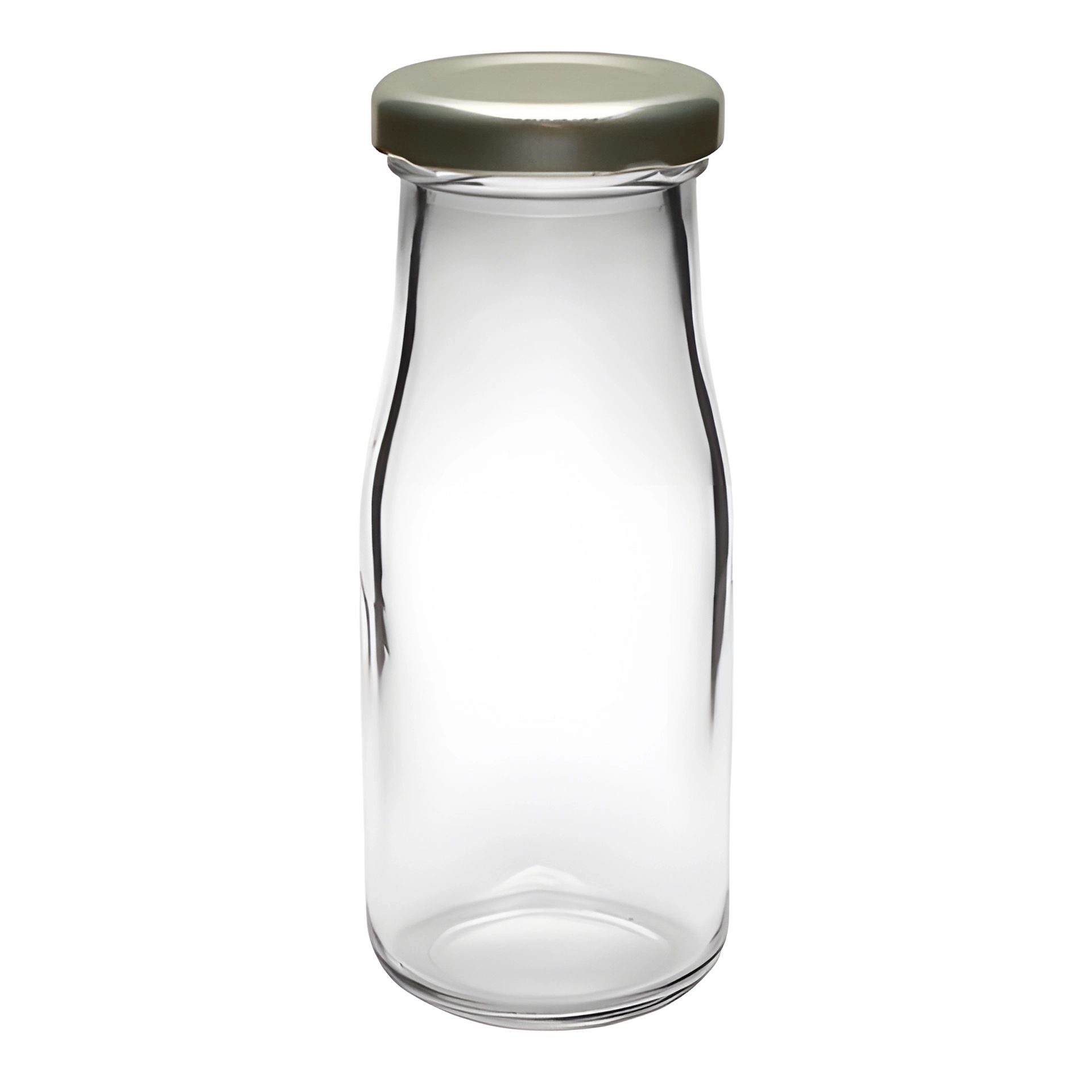 Glasflasche-156ml-Milchflasche-mit-gold-silbernem-Deckel 156-ml-Glasflasche in Milchflaschenform mit Schraubdeckel; gezeigt mit Deckel in Gold, Silber und Schwarz auf hellem Hintergrund.