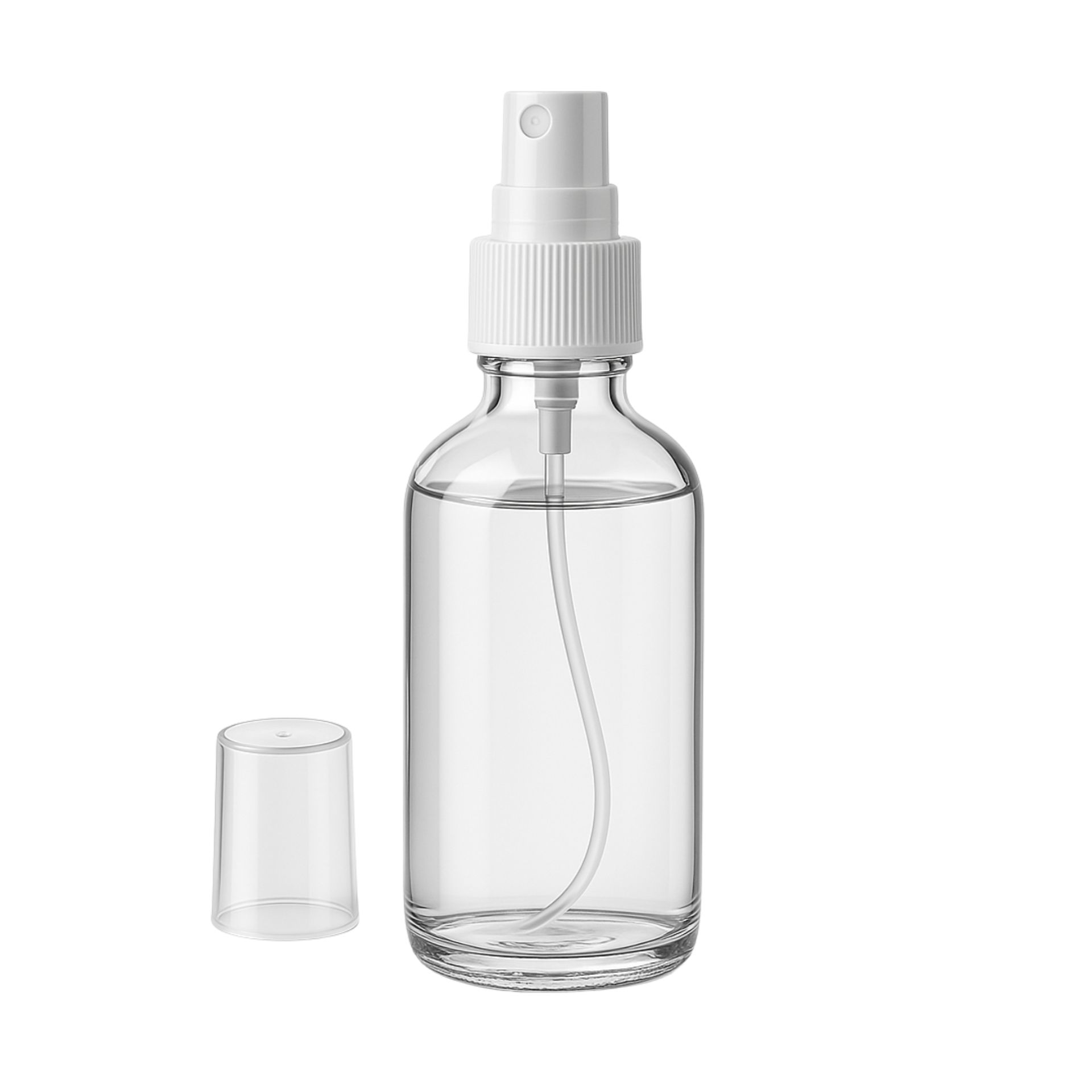 Kleine Sprühflasche 50 ml mit Zerstäuber in transparentem Design, ideal für Kosmetikprodukte und Flüssigkeiten, wiederverwendbar und hygienisch.
