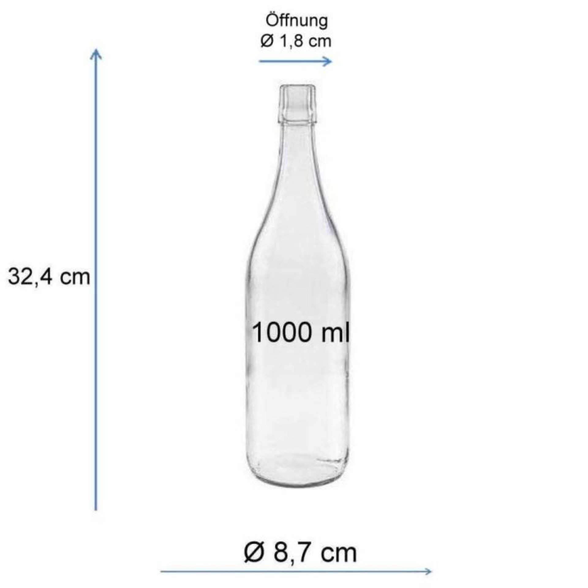 Bild einer 1000 ml Glasflasche mit Bügelverschluss, ideal für Getränkeaufbewahrung, hochwertiges Design, umweltfreundlich, wiederverwendbar, zum Kauf verfügbar bei Flaschen Gläser und Dosen.