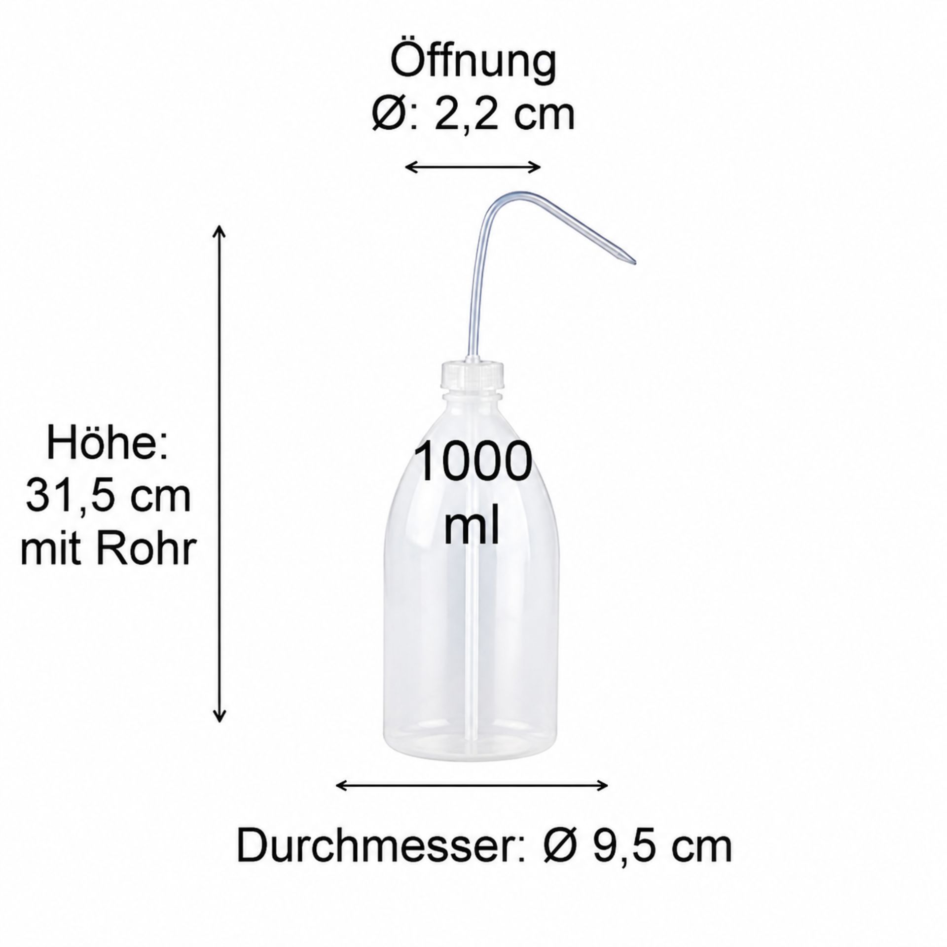 Produktbild einer Braunglasflasche, 1 Liter Volumen, mit Maßeinheiten zur Veranschaulichung der Abmessungen, geeignet für Getränkeabfüllung im Lebensmittelbereich.
