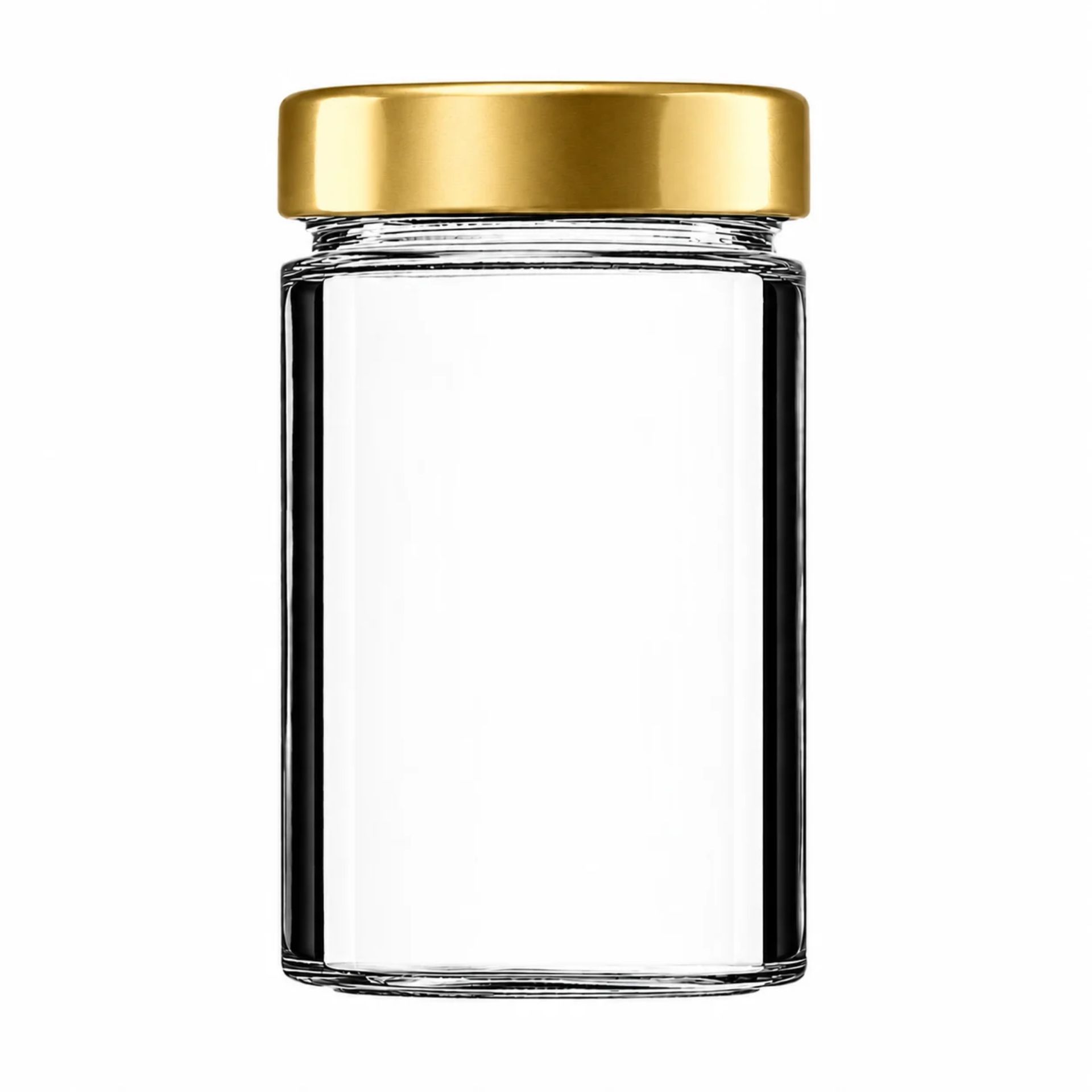 Leeres, transparentes Einmachglas aus Glas mit 580 ml Fassungsvermögen, zylindrischer Form und weitem Schraubverschluss, vor weißem Hintergrund.