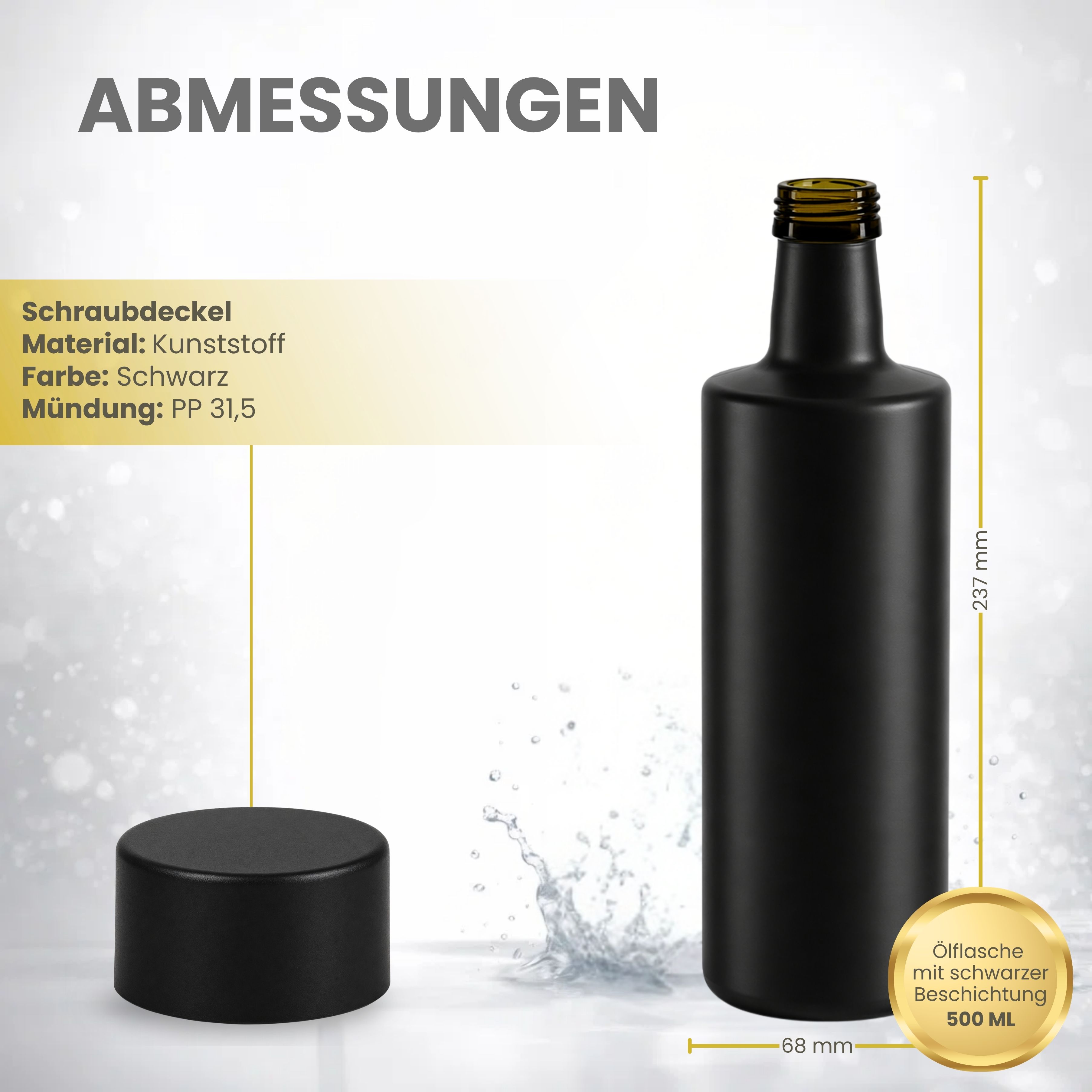 Glasflasche 500 ml rund schwarz Ölflasche Deckel Alu/Kunststoff