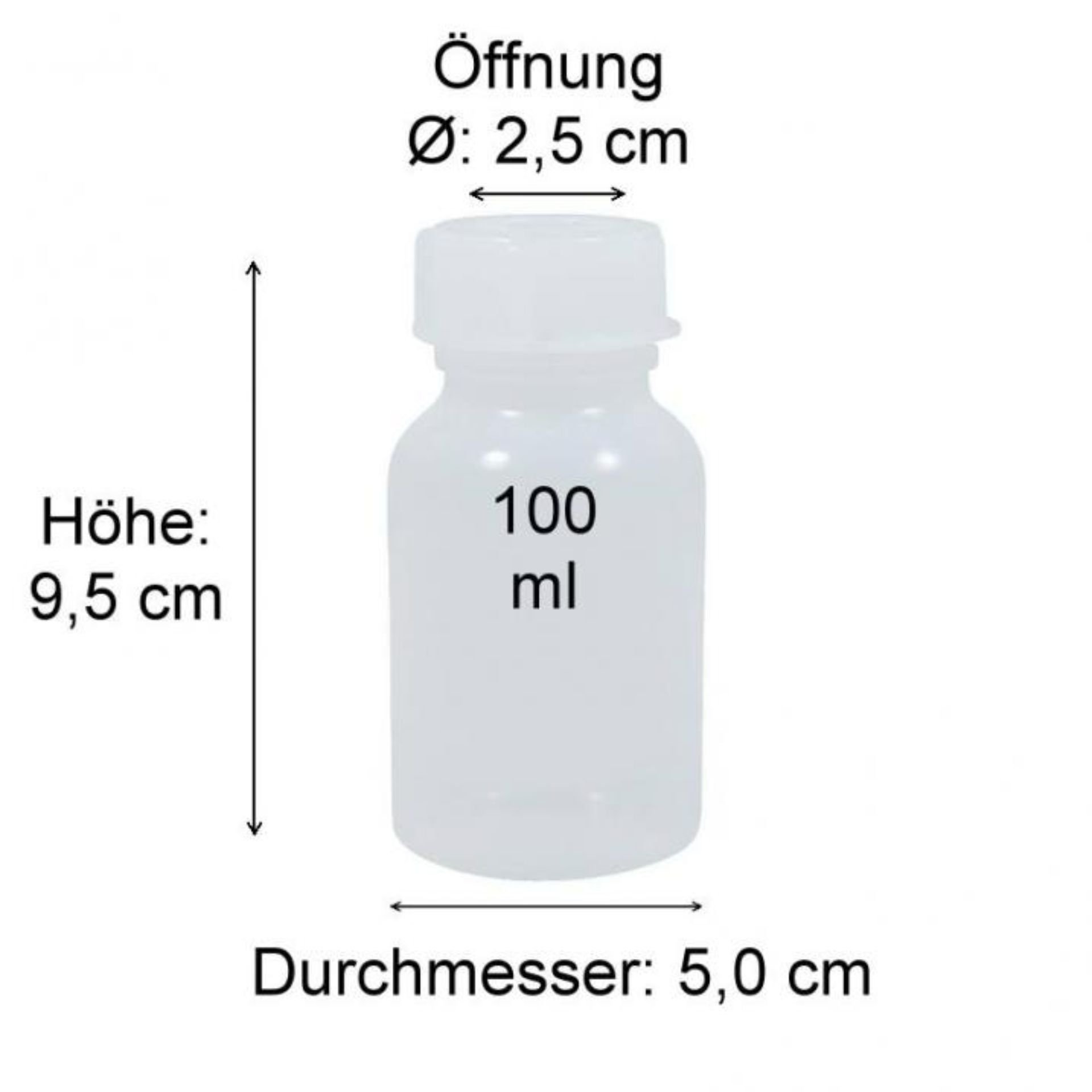 Bild der Abmessungen und technischen Spezifikationen einer Flasche: Graphische Darstellung der Maße mit detaillierter Beschriftung der Höhen, Breiten und Gewinde, ideal für Produktdesign und Fertigung.
