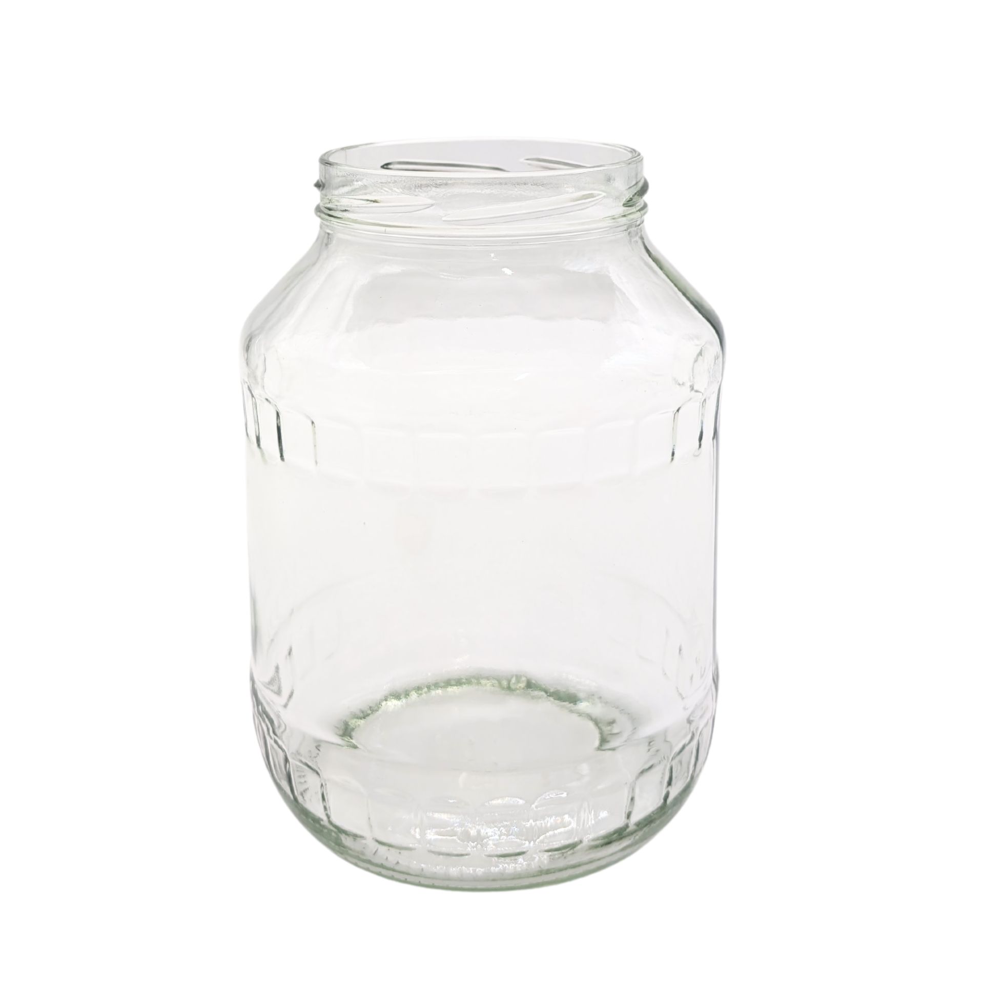 Großes, transparentes Vorratsglas ohne Deckel mit einem Fassungsvermögen von 1700 ml, zylindrische Form mit weiter Öffnung und glatten Oberflächen, geeignet zur Aufbewahrung von Lebensmitteln.