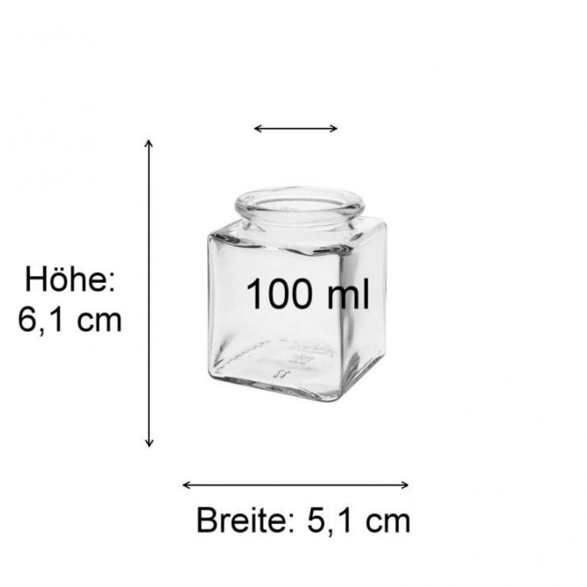 Produktabbildung: Maße einer transparenten Glasflasche mit detaillierten Größenangaben in Millimetern, präsentiert auf neutralem Hintergrund, geeignet für Getränkezubehör und Verpackungsdesign.
