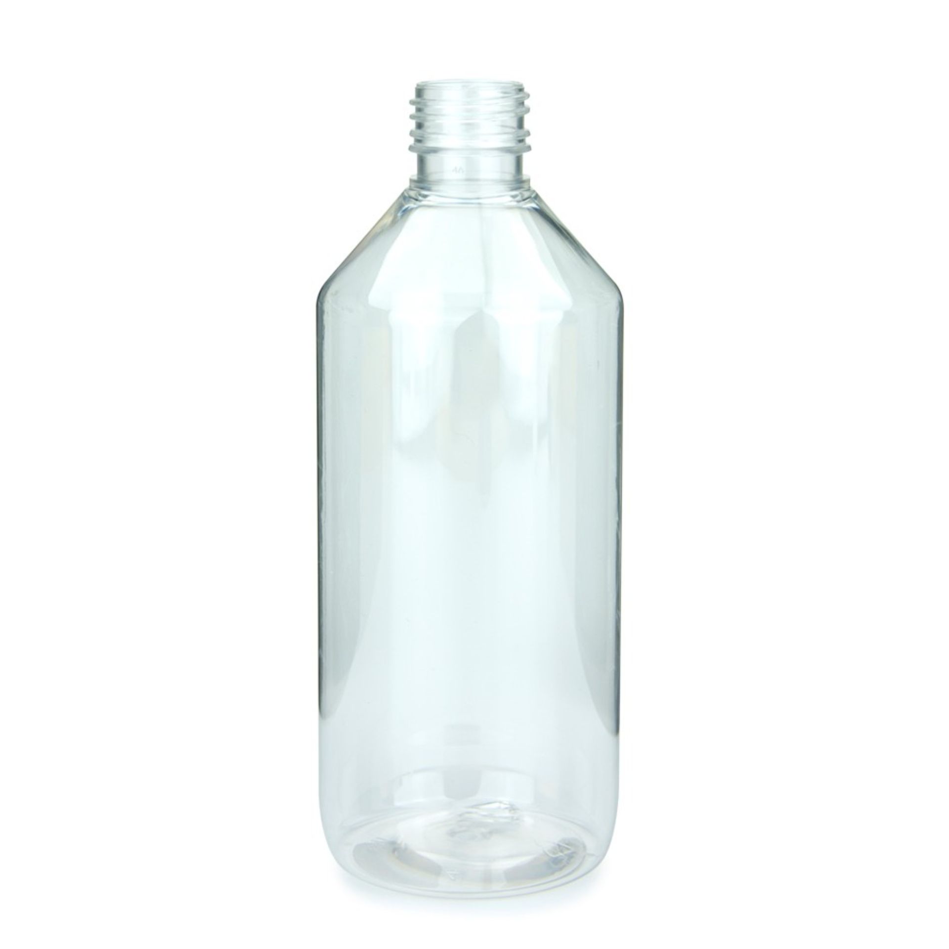 Klare Laborflasche aus Glas mit 500 ml Fassungsvermögen, zylindrische Form, Schraubgewinde am Hals, auf weißem Hintergrund.