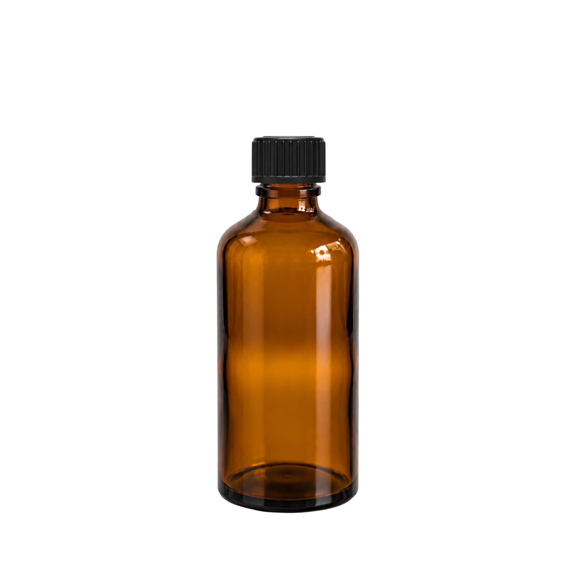 Transparente braune Glasflasche mit 28-mm-Gewindeöffnung, auf weißem Hintergrund stehend.