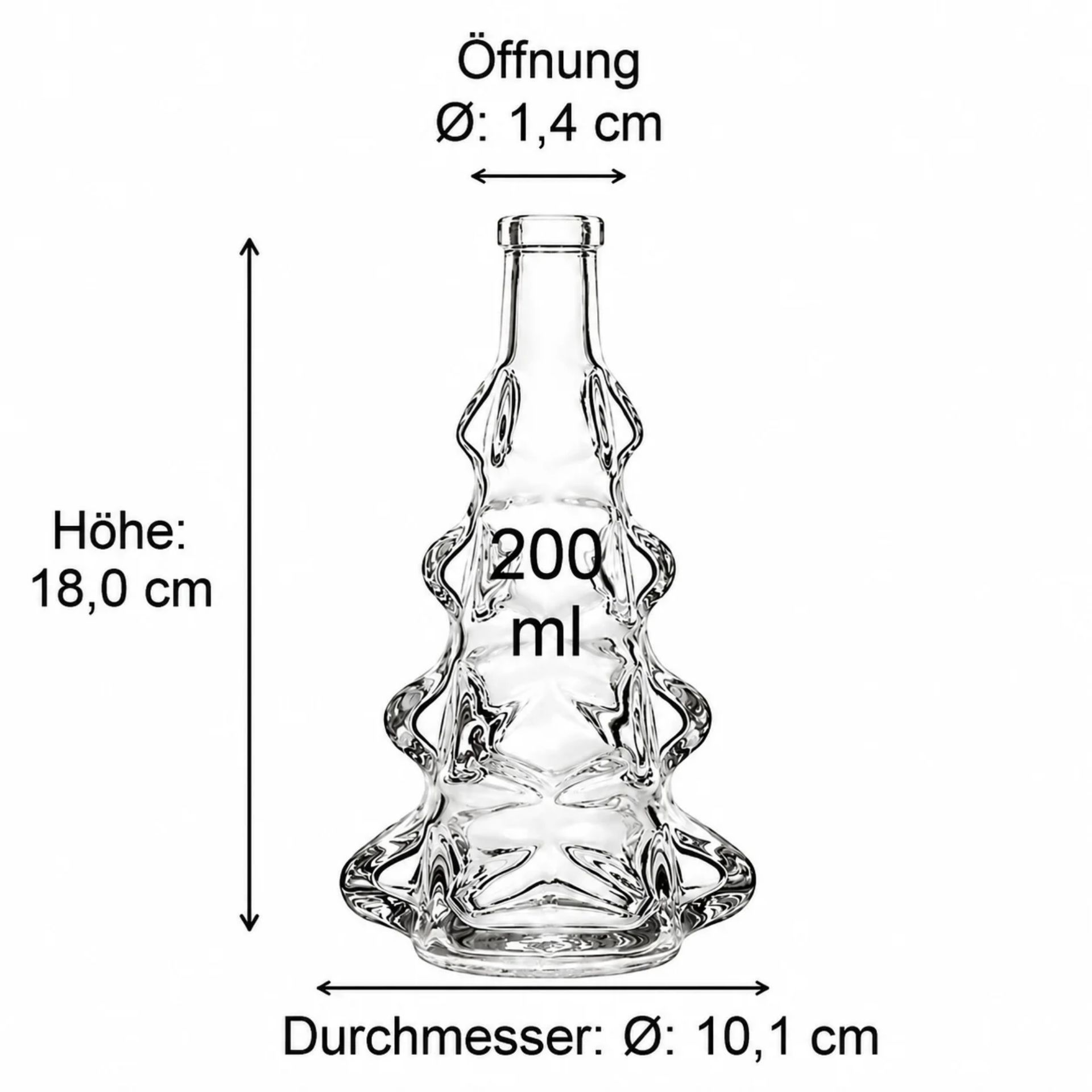 Bild eines dekorativen leeren Glasbehälters in Tannenbaumform mit einem Fassungsvermögen von 200 ml, geeignet zur Aufbewahrung von Flüssigkeiten oder festen Lebensmitteln, ideal für weihnachtliche Dekorationen oder als originelles Geschenk.