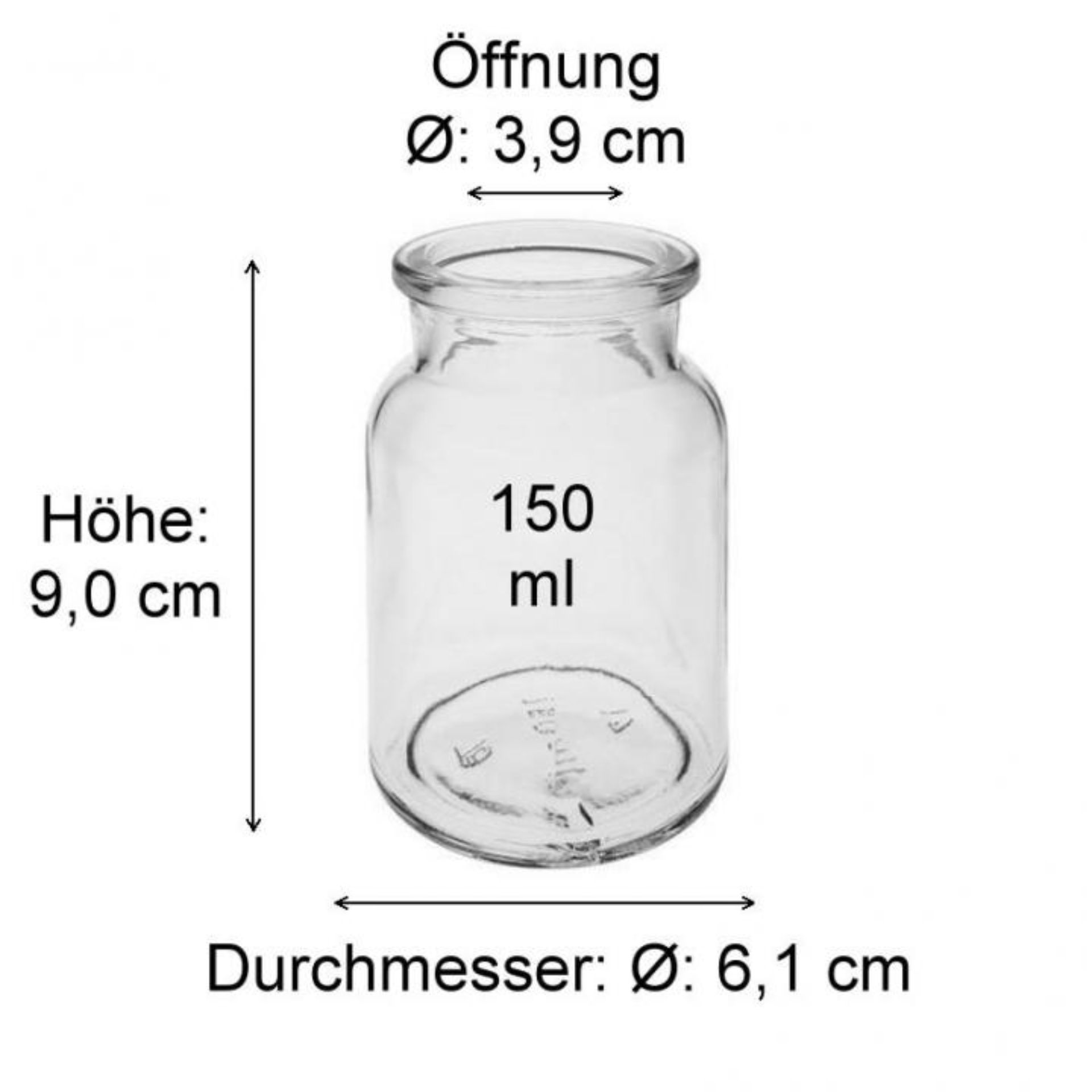 Produktabbildung einer klaren Glasflasche mit Drehverschluss und detaillierten Maßen, ideal für Getränkeflaschen, chemische Flüssigkeiten oder Kosmetikprodukte, auf weißem Hintergrund dargestellt.