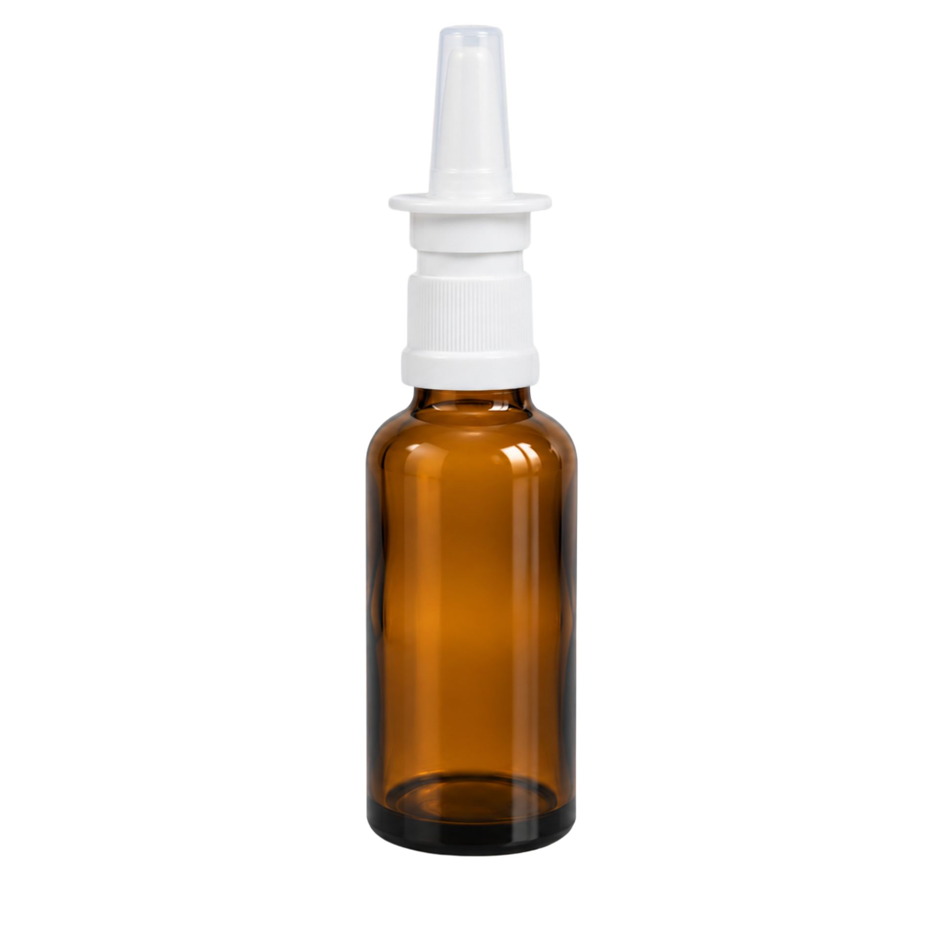 Braune 30-ml-Nasensprayflasche aus Glas mit weißem Sprühkopf und transparenter Schutzkappe vor weißem Hintergrund.