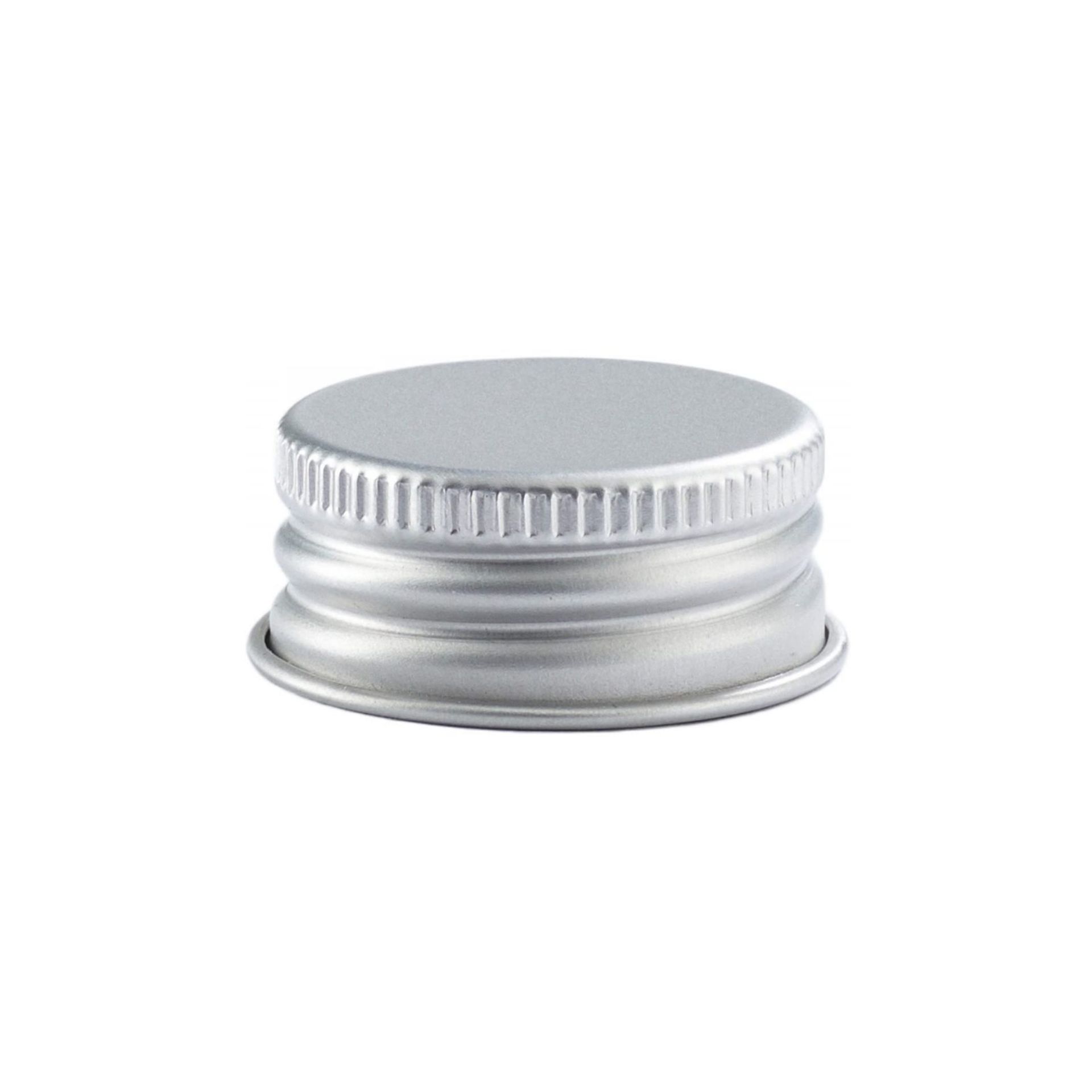Schraubverschluss Deckel PP 28 mit Rollrand Silber Aluminium Silberfarbener Schraubverschluss aus Aluminium mit Rollrand, Ansicht leicht schräg von oben, neutraler Hintergrund.