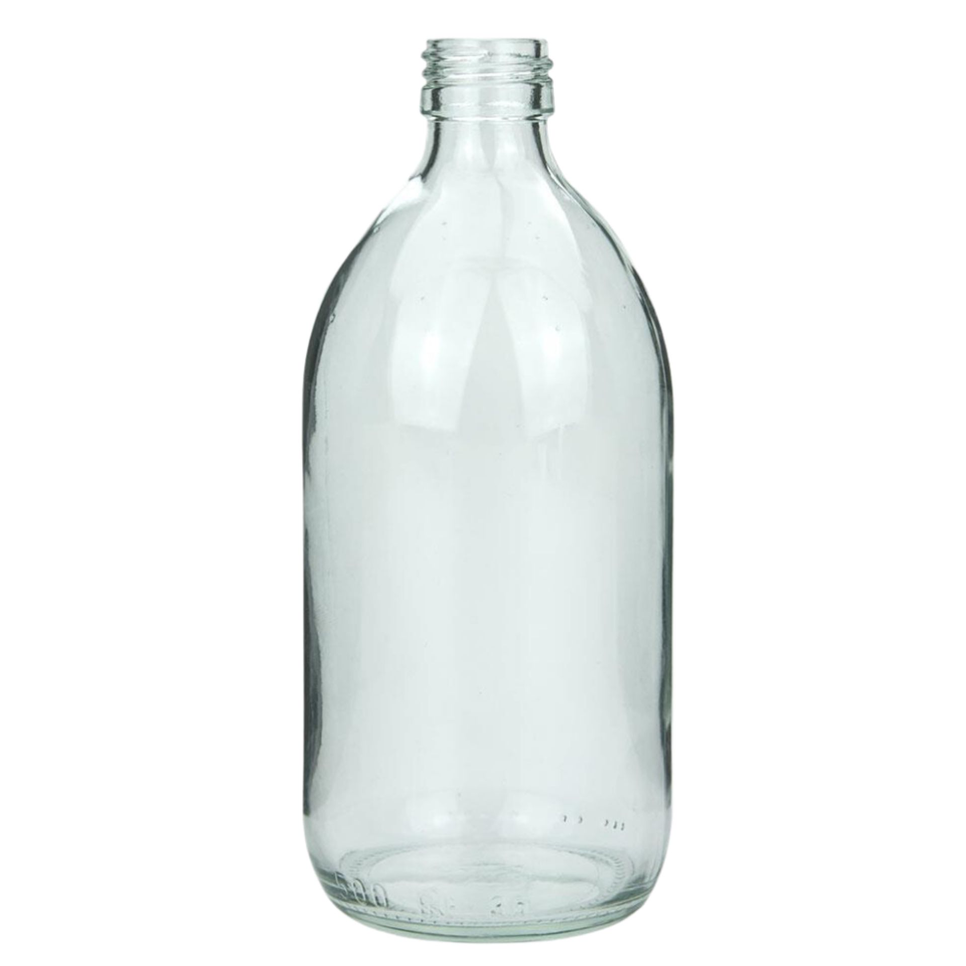 Klare 500-ml-Sirupflasche aus Glas mit Schraubgewinde, stehend auf weißem Hintergrund.
