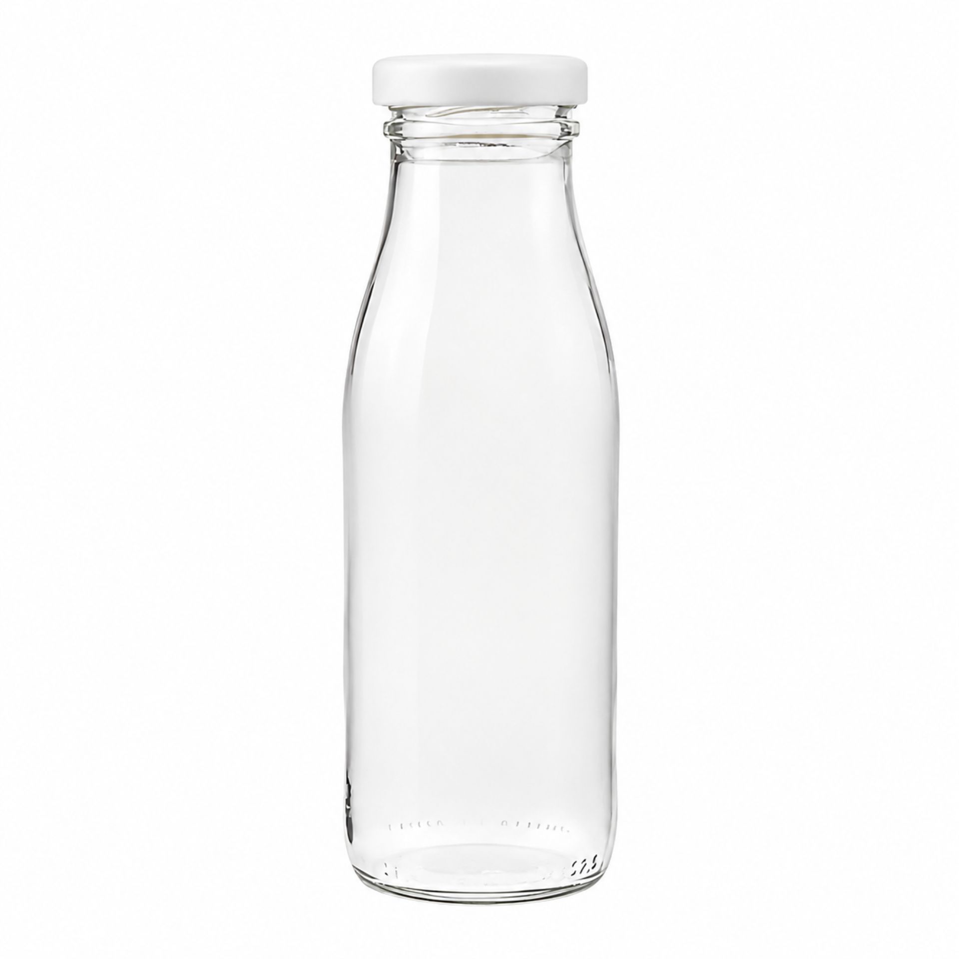 Klare 500-ml-Glasflasche mit abgerundetem Schulterdesign, gefüllt mit weißer Flüssigkeit auf einem weißen Untergrund; daneben drei verschiedene Deckel in Gold, Silber und Schwarz zur Auswahl.