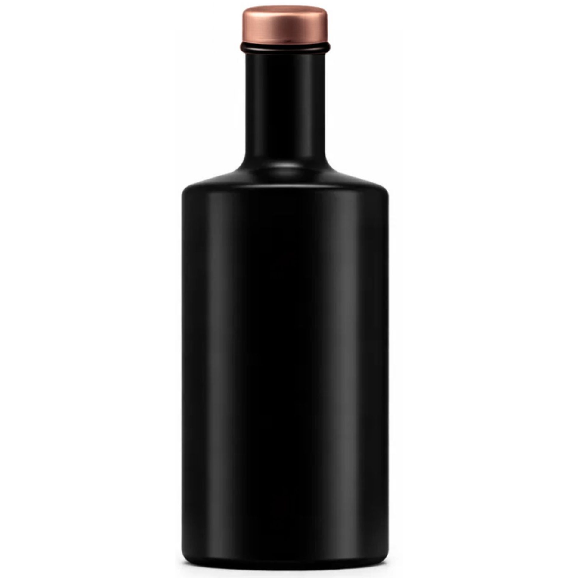 Klare 350-ml-Glasflasche der Marke Mikken mit schwarzem, zylindrischem Körper und Schraubdeckel in Kupferoptik, stehend vor weißem Hintergrund.