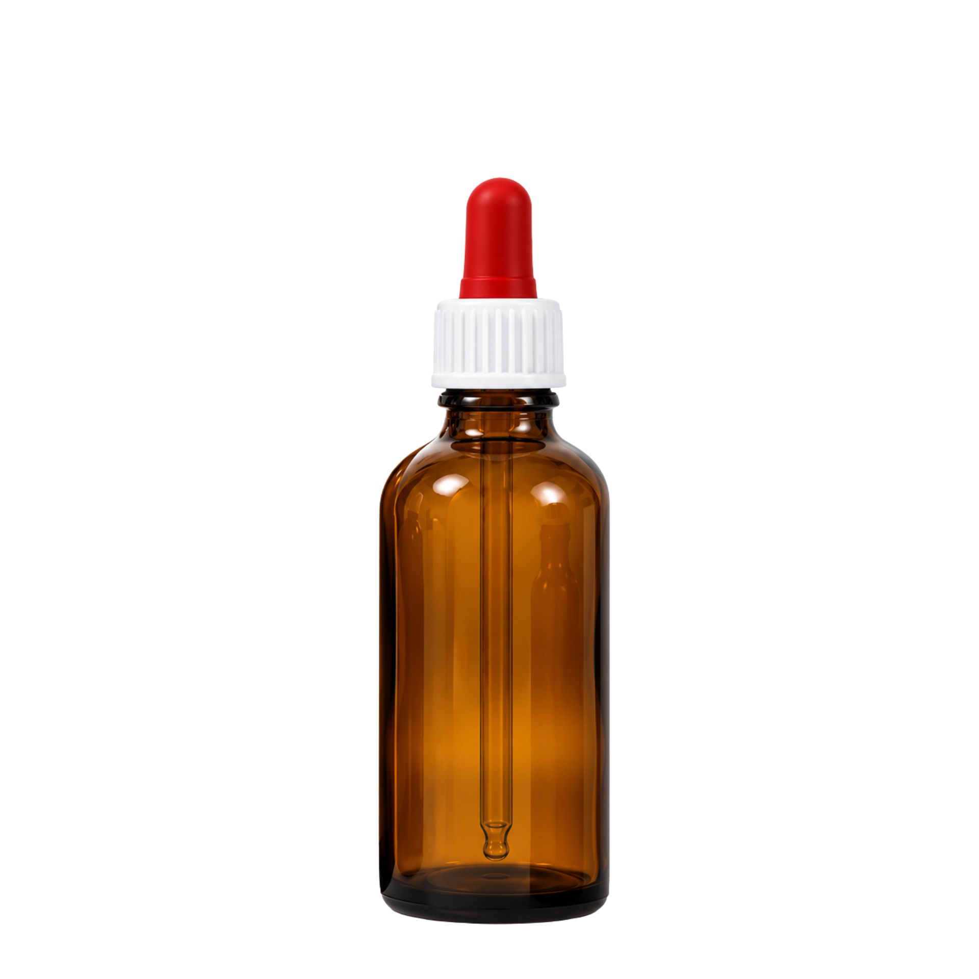 Braune 50 ml Pipettenflasche als Dosierflasche - Ideal zur präzisen Entnahme und Dosierung von Flüssigkeiten, abgebildet mit schwarzer Verschlusskappe auf weißem Hintergrund.