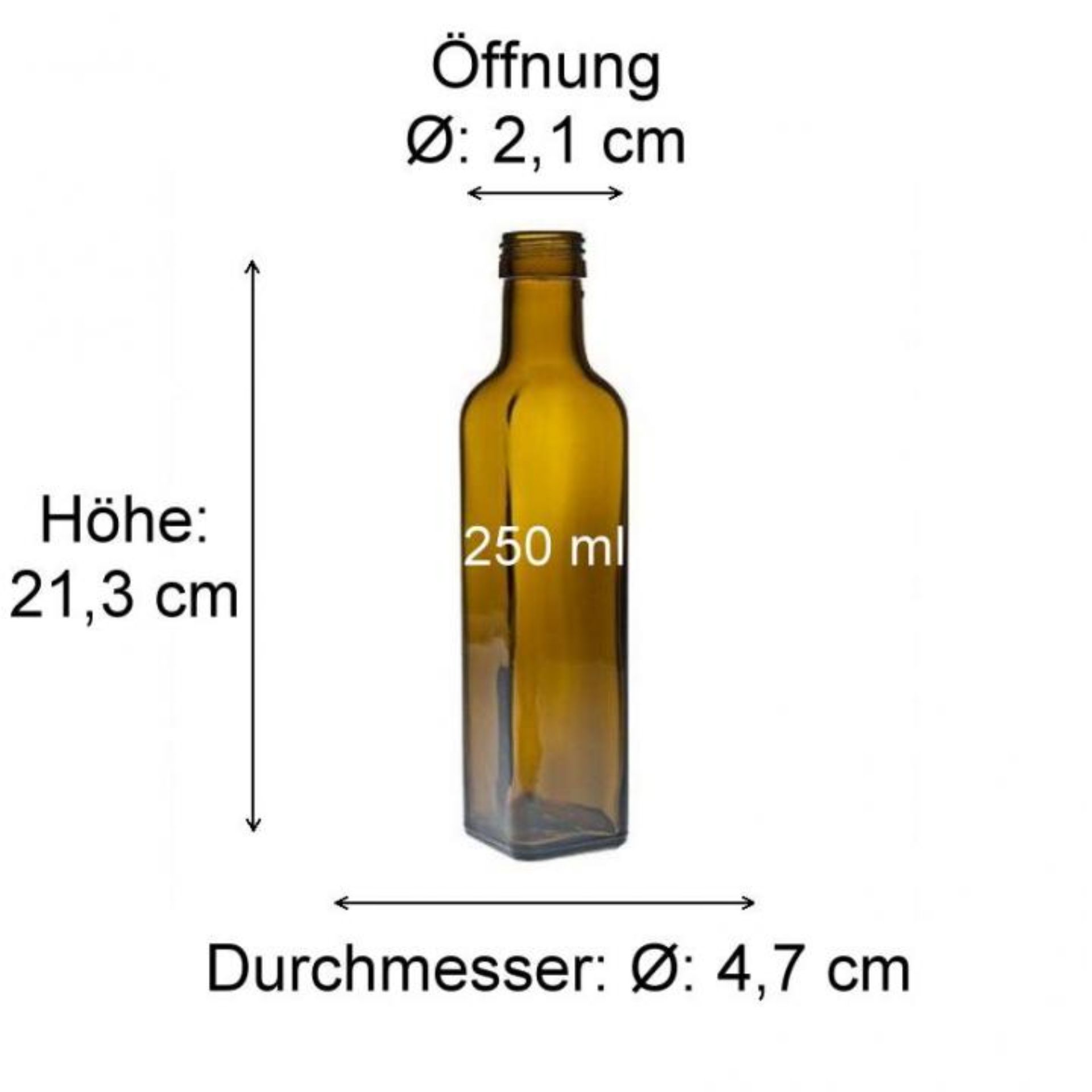 Bild mit Abmessungen einer braunen Glasflasche, zeigt detaillierte Maße und Konstruktionsdetails, nützlich für Verpackungs- und Designzwecke.